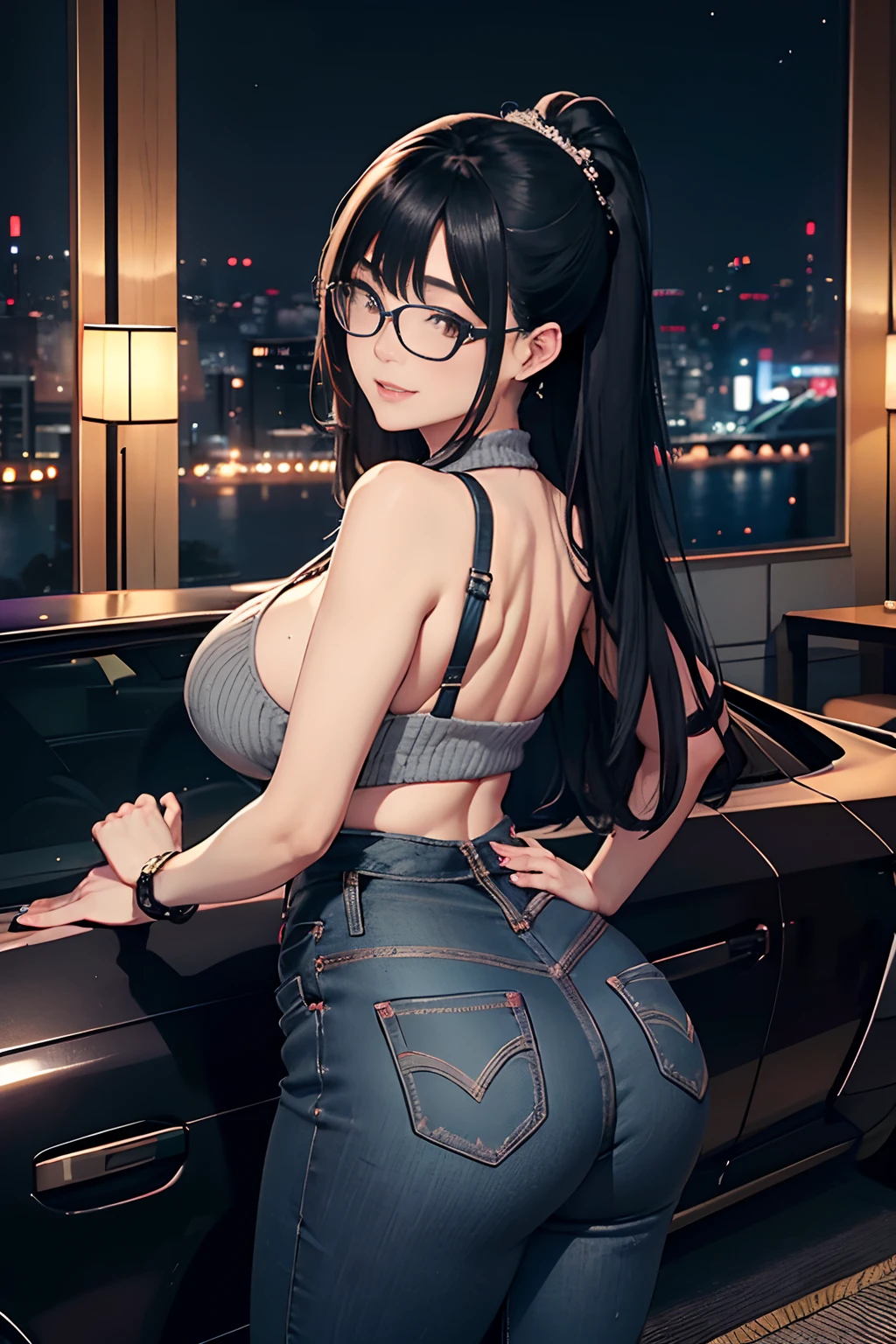 japanes OL 、A dark-haired Longhaire、eye glass、Sleeveless Gray knitwear、high-waisted Blue jeans、Wearing black high heels、Colossal tits、gargantuan butt、In luxury hotels nighttime scene、Wearing Wedding Rings wrist watch、A smile、is standing Armpit