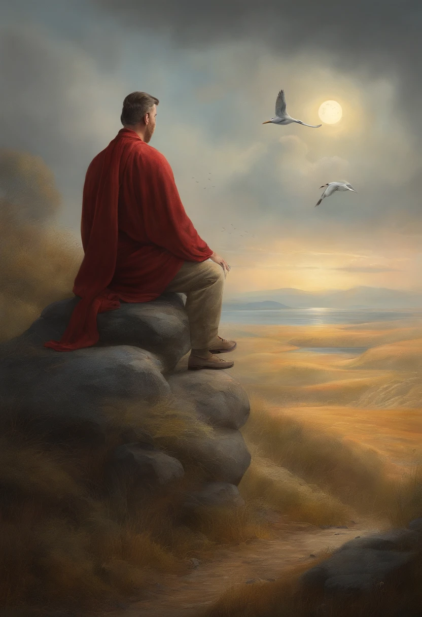 Mr. Meishu, Zoray, divine light, Japanese man praying to heaven, In front of the beautiful duck johnte, As the sun goes down, One hand forward, In relation to God, photo portrait, Directors: Drew Tucker, Directors: Adam Marczynski, Directors: Alexander Kucharsky, Directors: Gavin Nolan, 8K Surrealism, Directors: Jason Felix, Yuri Shwedoff e Tom Bagshaw, Illustration Art, Estilo Erik Johansson