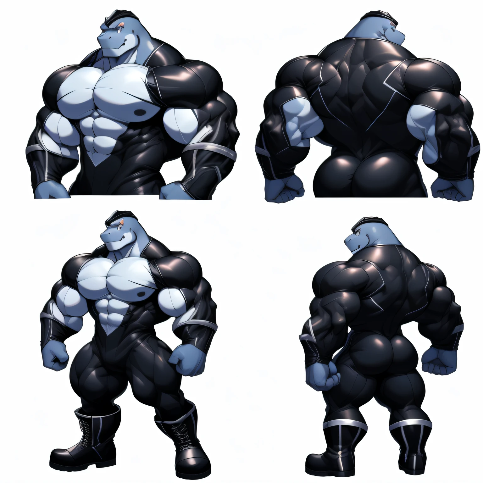 Close-up of a character, ((Character concept art)), ((Character Design Sheet, Same character, front, from the side, back)) Image of the character, video game character design, video game character design, ((Masterpiece)), (((Best quality))), illustration, environment Scene change, pose too, (Simple background, white background: 1.3) lap, multiple_Views, Concept art, Reference sheet, multiple views, (Multiple views of the same character in the same outfit: 1.3.)  Machoke, Gigachad, (very detailed eyes:1) (very detailed face:1) (very detailed iris and pupils :1.2)  black bodysuit, massive muscles, huge pecs, ((massive pectorals)) ((huge pectorals)) chiseled abs, huge pectorals, exaggeratedly huge muscles. A pokémon hero whose presence inspires trust and respect. (((His black bodysuit covers from neck to ankles and the sleeves completely cover the arms, boots, gloves.))) ((black fabric bodysuit)) huge muscular thighs firm, round buttocks and round butt in with his back, huge ass ((huge buttocks))