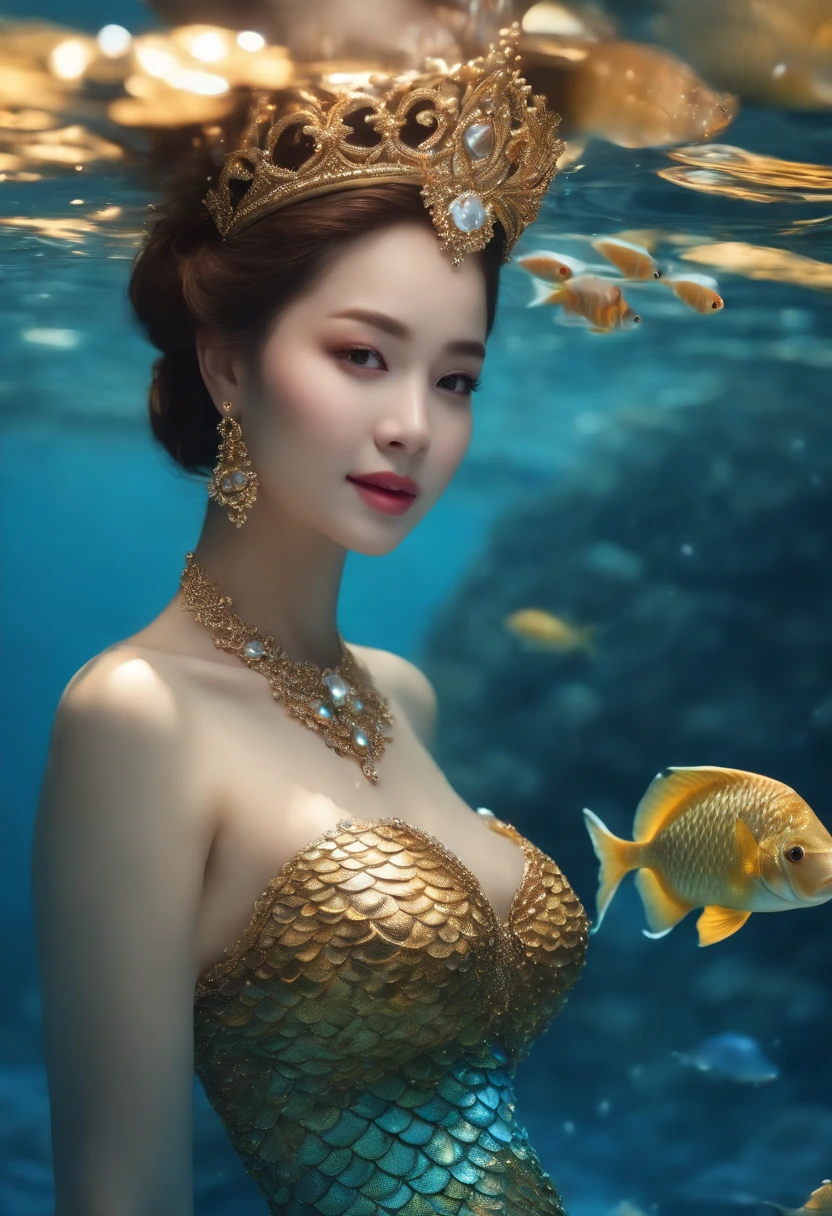 ((late pregnancy,bra wear,A detailed face,face perfect,beautiful smiling face,8K,Top image quality,the presence of scales on the arms,,Full mermaid tail,The lower body is completely the body of a fish,,the lower body is completely covered with scales,,Scales around the waist,Gradation of scales and skin,Mermaid tail,Wear the finest gorgeous bras,Wearing a bra,Her whole body,Little Mermaid,Princess,Pregnant,Very big belly,Mermaid in Japan,japanese beauty girl,Photograph the whole body,\The whole body is shown,Her whole body,Panoramic view of the tail,Whole tail)),(((From the upper arm down there are scales.,the presence of scales on the arms,,,,Beautiful blue and gold decoration,Blue and gold decoration all over the body,There are thin scales around the stomach,the presence of scales around the belly,,,,Beautiful scale gradients,Glittering scales,Realistic scale,Pearls and jewel-encrusted scales,))),((Beautiful fins,Sparkling tiara,Lots of gems,Giant Tiara,glitter makeup,Gorgeous bracelets,Gorgeous earrings,Huge necklace,Gorgeous Rings,The boundary between humans and fish is a gradation of scales and skin color,Realistic gradients of scale and skin tone,segment々Transformation of scales into a flesh color)),(((Shining water,She is swimming in the sea,swimming through the ocean,Her whole body is visible,Beautiful lots of coral and tropical fish in the background, Sunlight shines in, Hair swaying in the water,The sea sparkles like a jewel,Detailed sea, Fine shine,Glittering Sea,Glittering background)))((Big smile,Quality and beautiful face,,Perfect fingers,Perfect hands,Accurate five-finger,Smile at the camera's gaze,Perfect gas chamber,perfect white teeth,Clean teeth,Precise teeth,Colossal tits))glistning skin,pretty skin,masutepiece, （highdetailskin：1.2），8K、Ulutra HD， Digital SLR, hightquality, hight resolution