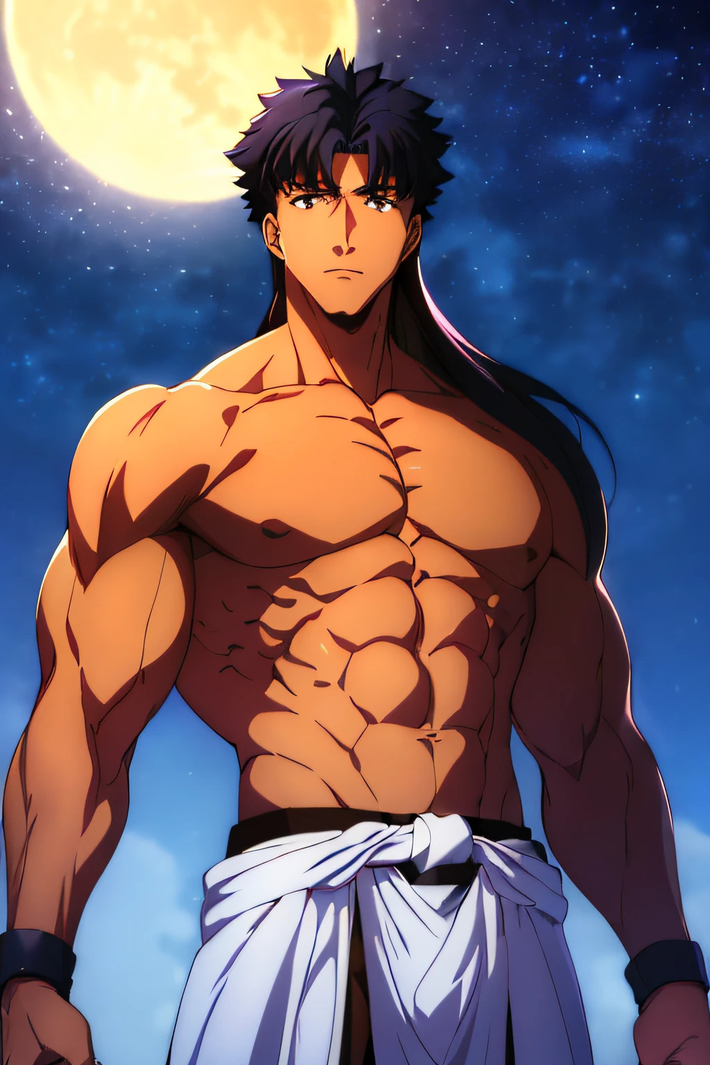 (masterpiece:1.4), (best quality:1.4), 1 man, solo,
(Emiya Kiritsugu \(fate\):1.2), saber, a man, tanned complexion, jet black hair, (((shoulder length hair))) (((LONG HAIR))) blue eyes, (very detailed eyes:1) (very detailed face:1) (very detailed iris and pupils :1.2) body full of enormous muscles, V-shaped body, arrogant smile, shirtless, topless, gigachad, he wear a brown cloth loincloth and a black belt, massive muscles, huge pecs, ((massive pectorals)) ((huge pectorals)) chiseled abs, huge pectorals, exaggeratedly huge muscles, shoulders twice as wide, massive shoulders, looking at viewer, upper body, city, cityscape, sky, night, stars, moon.