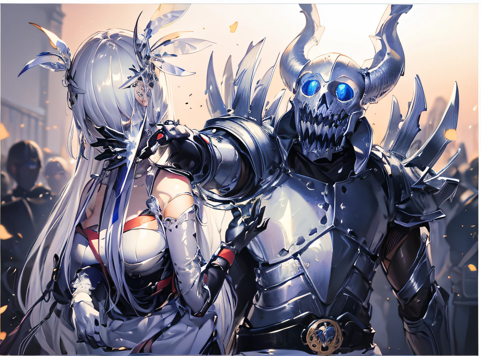 tmasterpiece,Best quality,Super fine illustration,A guard in silver armor grabbed a beautiful woman's neck with his hand,
