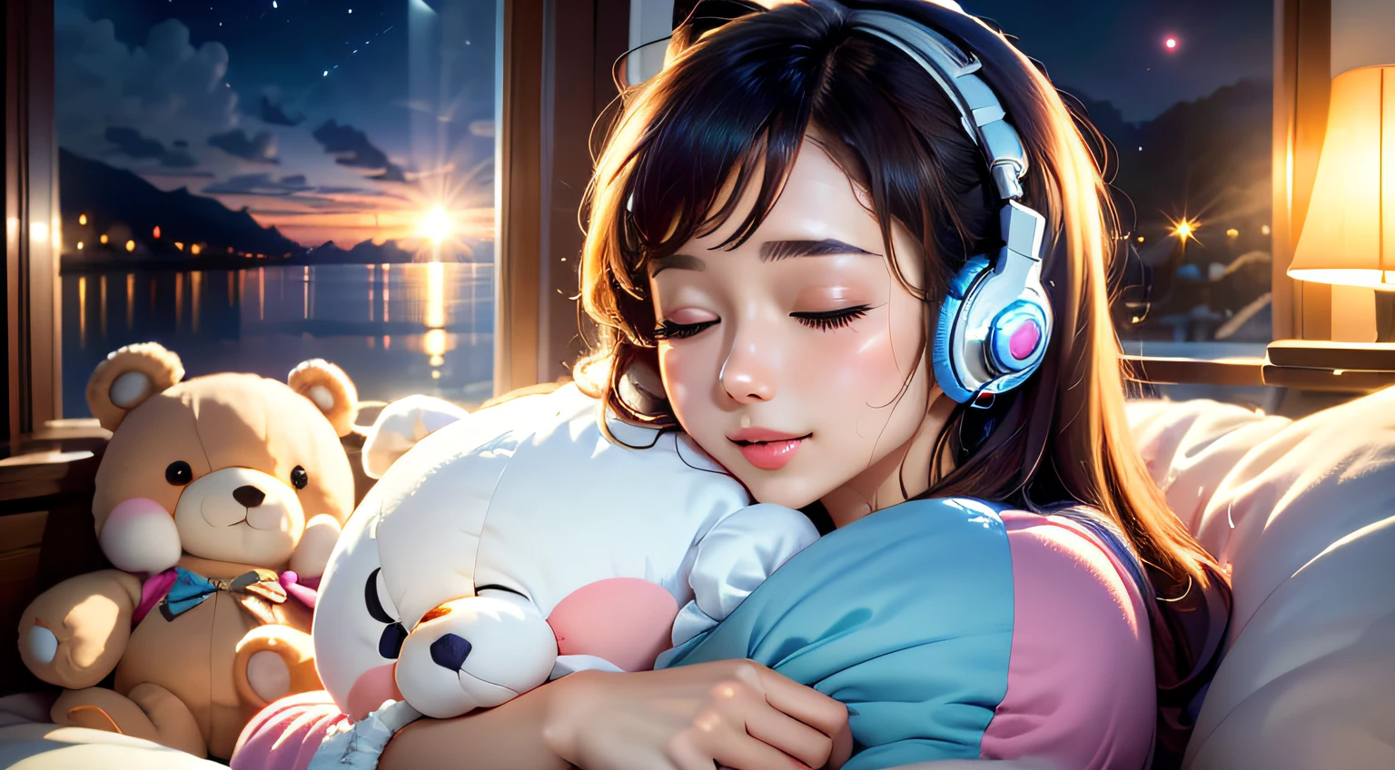 colorful、on clouds、kosmos、night, Big Moon in window、realistic、The girl is sleeping、She wears delicate headphones that blend into her hair, Only one stuffed animal、closed eyes, hugging pillow、超A high resolution