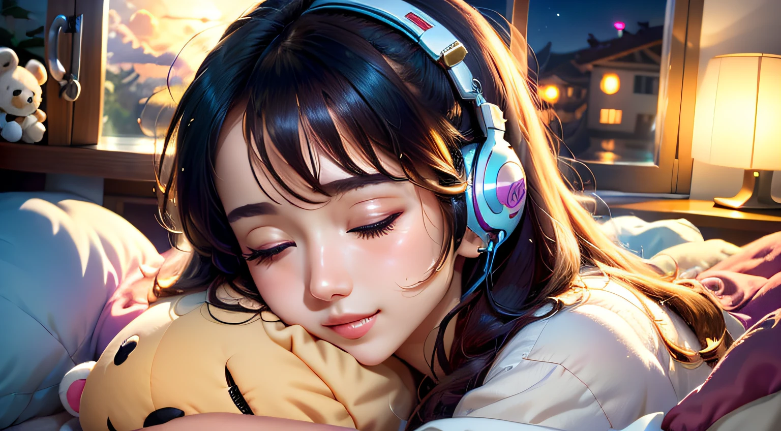 colorful、on clouds、kosmos、night, Big Moon in window、realistic、The girl is sleeping、She wears delicate headphones that blend into her hair, Only one stuffed animal、closed eyes, hugging pillow、超A high resolution