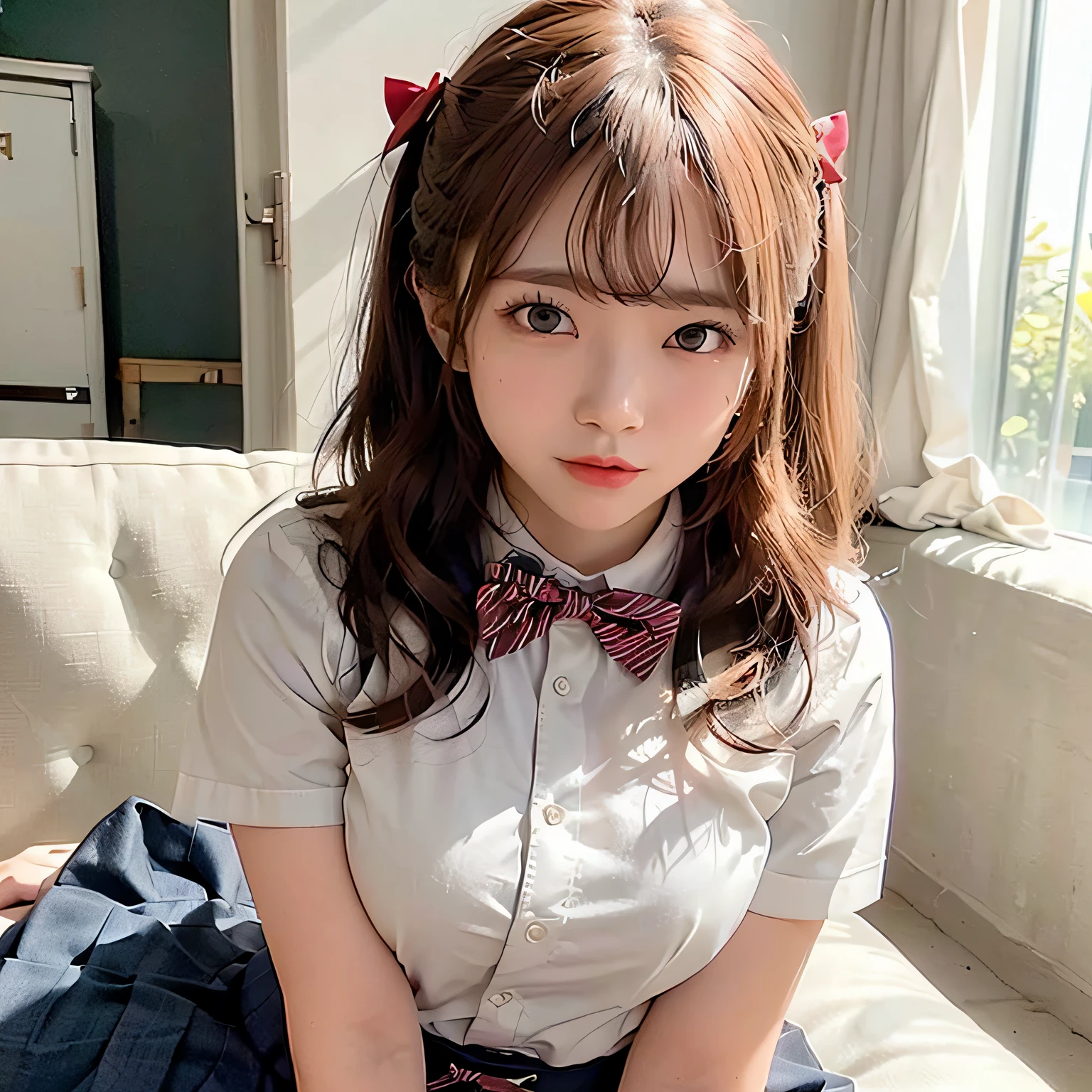 Twintail hairstyles,17 age, ((2 girls in))、(masutepiece, Best Quality:1.2), 8K, Official art, Raw photo, unbelievable Ridiculous, (Upper body, (Sailor Uniform), serafuku,  Idol face, arching back down, Pleated skirt,large full breasts:1.5、(School uniform), Short sleeve, gardenia, violaceaess, Teen, crass room, Looking at Viewer, No makeup, Film grain, chromatic abberation, Sharp Focus, face lights, Dynamic lighting, Cinematic lighting, Detailed face, Bokeh background, (Dark red bow tie:1.3)、Botanical Garden、