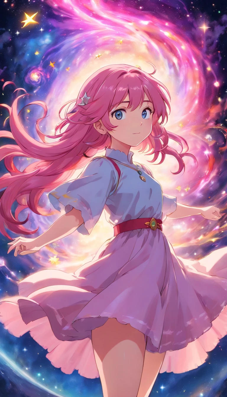 (best quality,ultra-detailed),female character,pink hair,anime style,cosmic nebulae,star background,sparkling eyes,flowing dress,magic staff,long flowing hair,colorful and vibrant,ethereal lighting