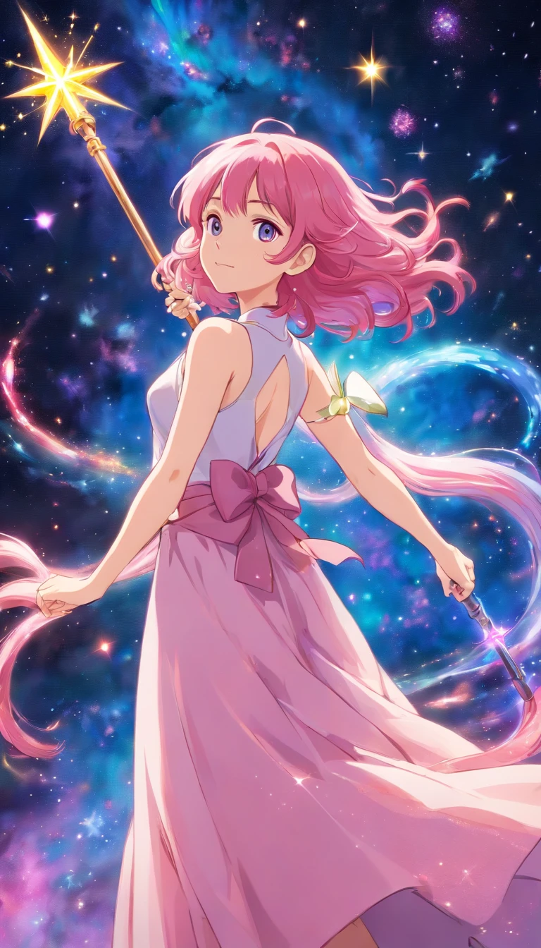 (best quality,ultra-detailed),female character,pink hair,anime style,cosmic nebulae,star background,sparkling eyes,flowing dress,magic staff,long flowing hair,colorful and vibrant,ethereal lighting