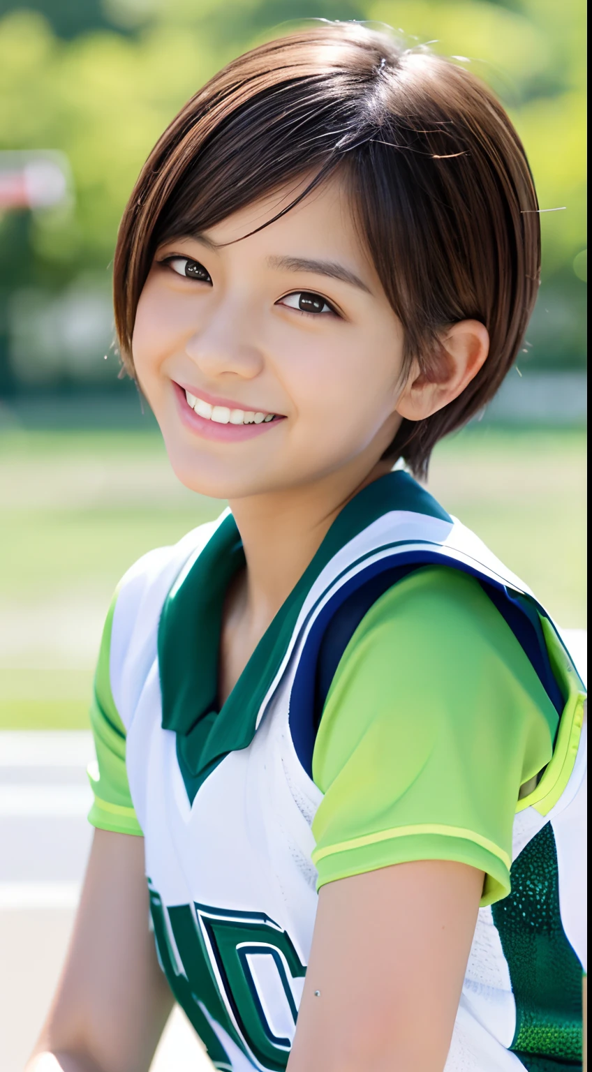 (Gray background:1.5, Close-up shot:1), (Realistic:1.4), (highest quality:1.0), (Ultra-high resolution:1.0), 8k, RAW Photos, (masterpiece:0.2), One girl, Beautiful Skin, Detailed skin, Big smile, teeth, (short hair:1), (Soccer uniforms:1.2)