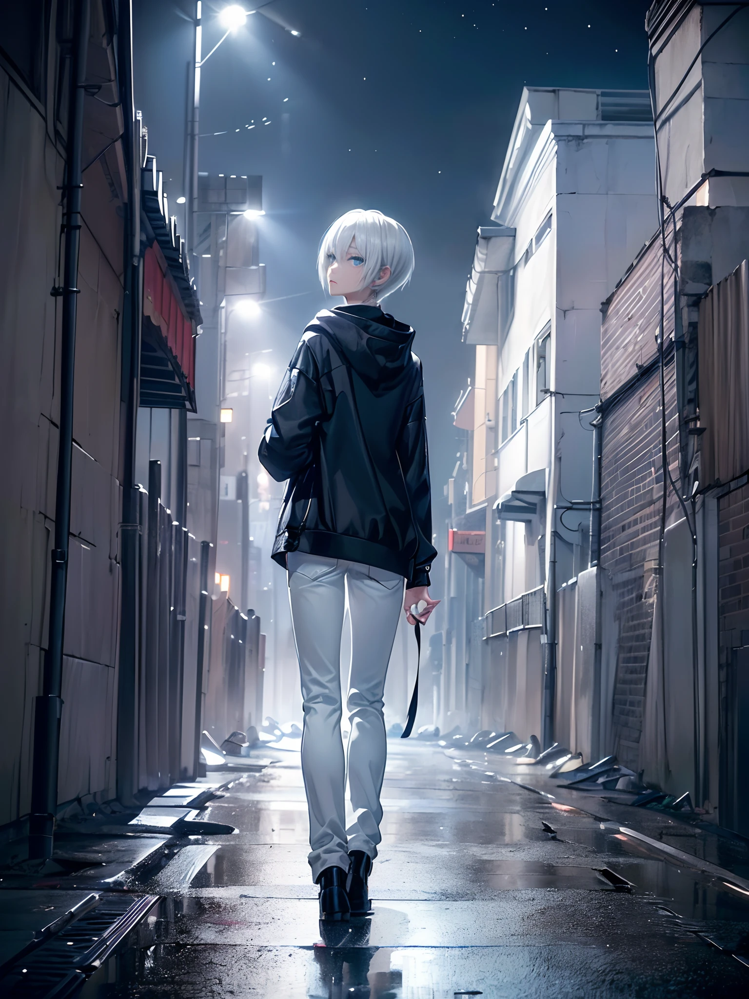 ((4K works))、​masterpiece、(top-quality)、One Beautiful Girl、Slim body、tall、((Black Y-shirt and white pants、Charming street style))、Please wear one jacket、Wearing a hood to hide his face、(Detailed beautiful eyes)、Midnight Walk、During the walk、((Walking under a dark sky))、saddened、suffocating、desolate、solitude、((Pitch black night road))、((Face similar to Carly Rae Jepsen))、((Short-haired white hair))、((Smaller face))、((Neutral face))、((Bright blue eyes))、((American adult women))、((Adult female 26 years old))、((cool lady))、((Like a celebrity))、((Korean Makeup))、((elongated and sharp eyes))、((Happy dating))、((boyish))、Professional Photos、((Shot alone))、((He is on a walk))、((He is walking in front of the viewer))、((Shot so that the back of the head and back are visible))、((photographed from the back))、((He's looking forward.、、I can't see my face))、horor