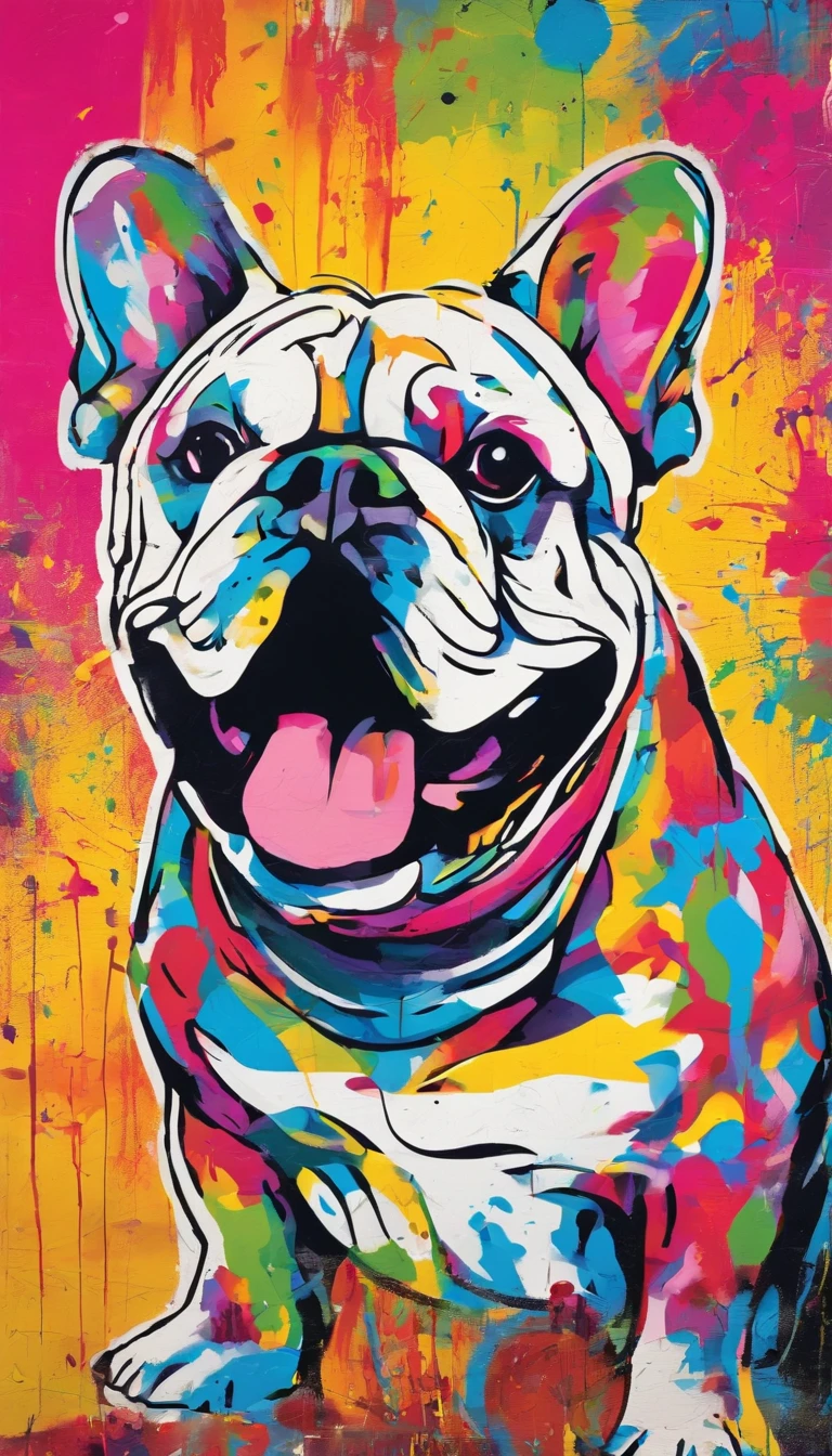 Picture this: a striking image of a bulldog, displayed in a vibrant array of colors that echoes the pop art style. The bulldog radiates a blend of toughness and charm, reflecting its character and persona. Splashes of neon colors like electric blue, hot pink and bright yellow would be layered with textures and stylized street elements such as graffiti sprays and stencils. 

The bulldog's features would be exaggerated to highlight its whimsical nature, with big, expressive eyes to portray its soulfulness. Various symbolic elements like broken chains or crown, reflecting freedom and majesty, could be artfully incorporated into the composition. 

As is custom in Mr. Brainwash's work, the piece would encourage the viewer to challenge their perceptions and engage in thought, all while appreciating the visually arresting, fun and energetic piece of art.

Remember though, this is just a description and the real creation can only be brought to life by Mr. Brainwash himself.