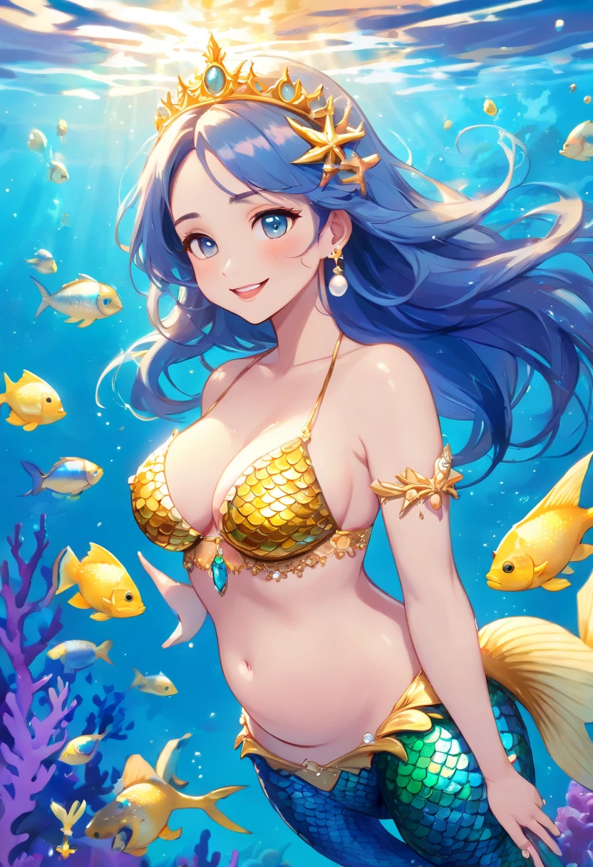 ((Her whole body,Little Mermaid,Princess,Pregnant,Very big belly,Mermaid in Japan,japanese beauty girl,Photograph the whole body,late pregnancy,8K,Top image quality,the presence of scales on the arms,,Full mermaid tail,The lower body is completely the body of a fish,,the lower body is completely covered with scales,,Scales around the waist,Gradation of scales and skin,Mermaid tail,Wear the finest gorgeous bras,The whole body is shown,Her whole body,Panoramic view of the tail,Whole tail)),(((From the upper arm down there are scales.,the presence of scales on the arms,,,,Beautiful blue and gold decoration,Blue and gold decoration all over the body,There are thin scales around the stomach,the presence of scales around the belly,,,,Beautiful scale gradients,Glittering scales,Realistic scale,Pearls and jewel-encrusted scales,))),((Beautiful fins,Sparkling tiara,Lots of gems,Giant Tiara,glitter makeup,Gorgeous bracelets,Gorgeous earrings,Huge necklace,Gorgeous Rings,The boundary between humans and fish is a gradation of scales and skin color,Realistic gradients of scale and skin tone,segment々Transformation of scales into a flesh color)),(((Shining water,She is swimming in the sea,swimming through the ocean,Her whole body is visible,Beautiful lots of coral and tropical fish in the background, Sunlight shines in, Hair swaying in the water,The sea sparkles like a jewel,Detailed sea, Fine shine,Glittering Sea,Glittering background)))((A detailed face,face perfect,beautiful smiling face,Big smile,Quality and beautiful face,,Perfect fingers,Perfect hands,Accurate five-finger,Smile at the camera's gaze,Perfect gas chamber,perfect white teeth,Clean teeth,Precise teeth,Colossal tits))glistning skin,pretty skin,masutepiece, (highdetailskin:1.2),8K、Ulutra HD, Digital SLR, hightquality, hight resolution