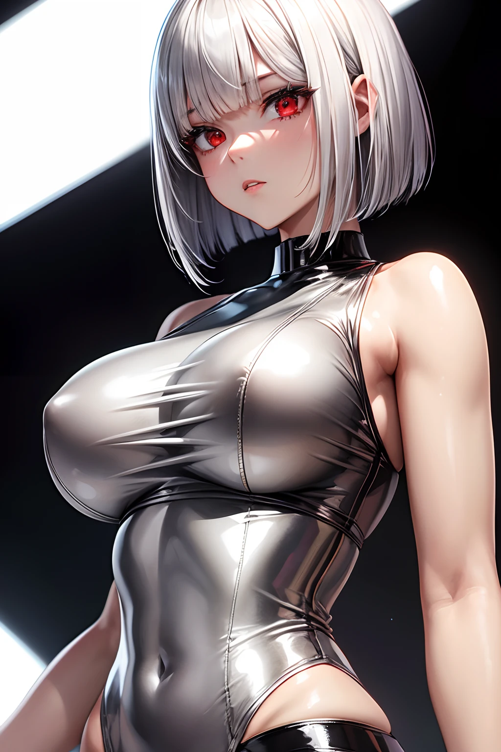 masterpiece,Best Quality,Highly detailed,1girl,Metallic White Silver Tank Top,latex,Black Hair,Bob cut,Red Eyes,Sweat