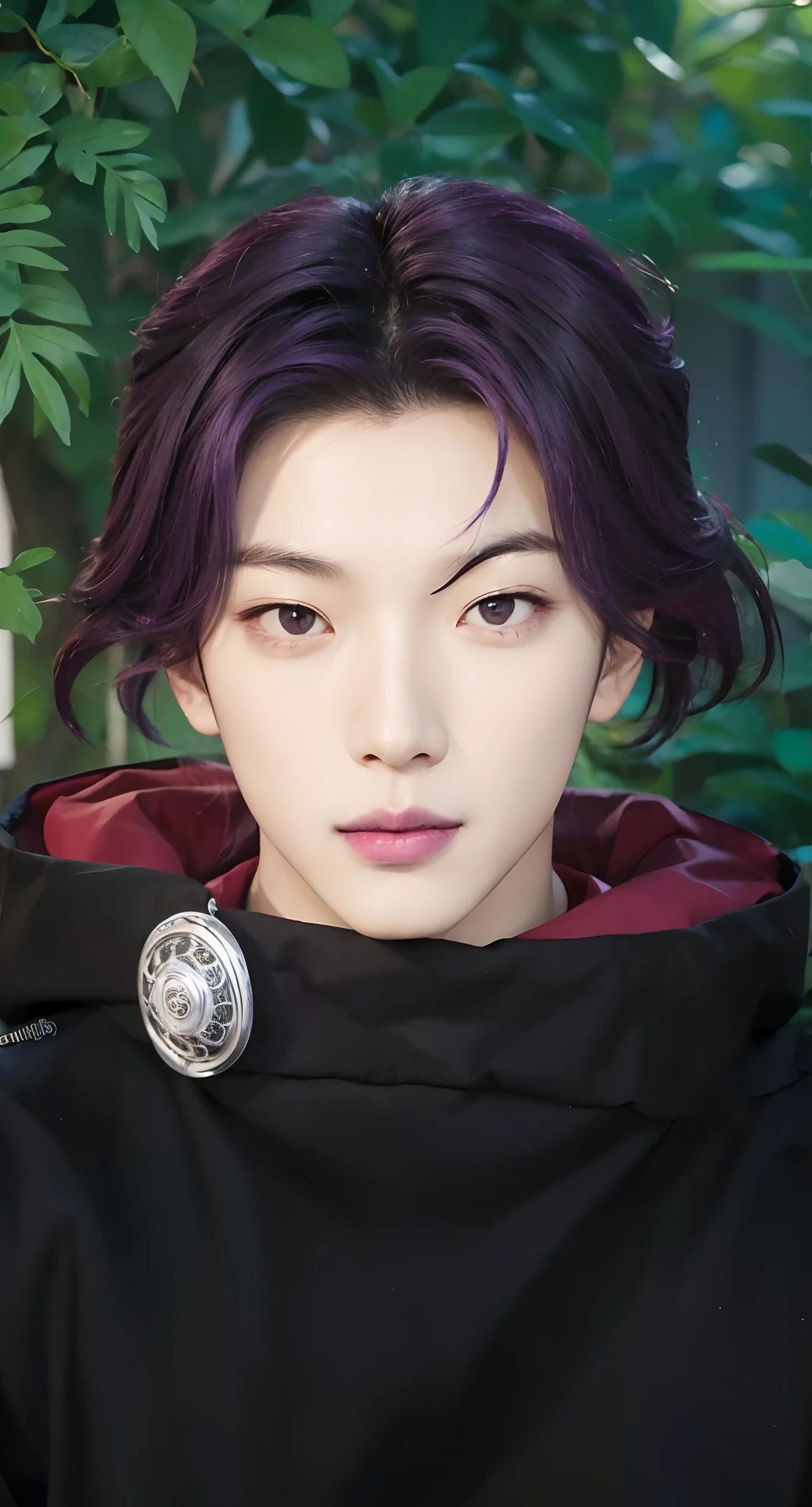 Real life adaption of this character, Korean handsome man face, cool expression,red eyes color, purple lips color,realistic same hair,(realistic same outfit), realistic background, hyper realistic, realistic light, realistic shadow, realism,(photorealistic:1.2), looking to viewer,
