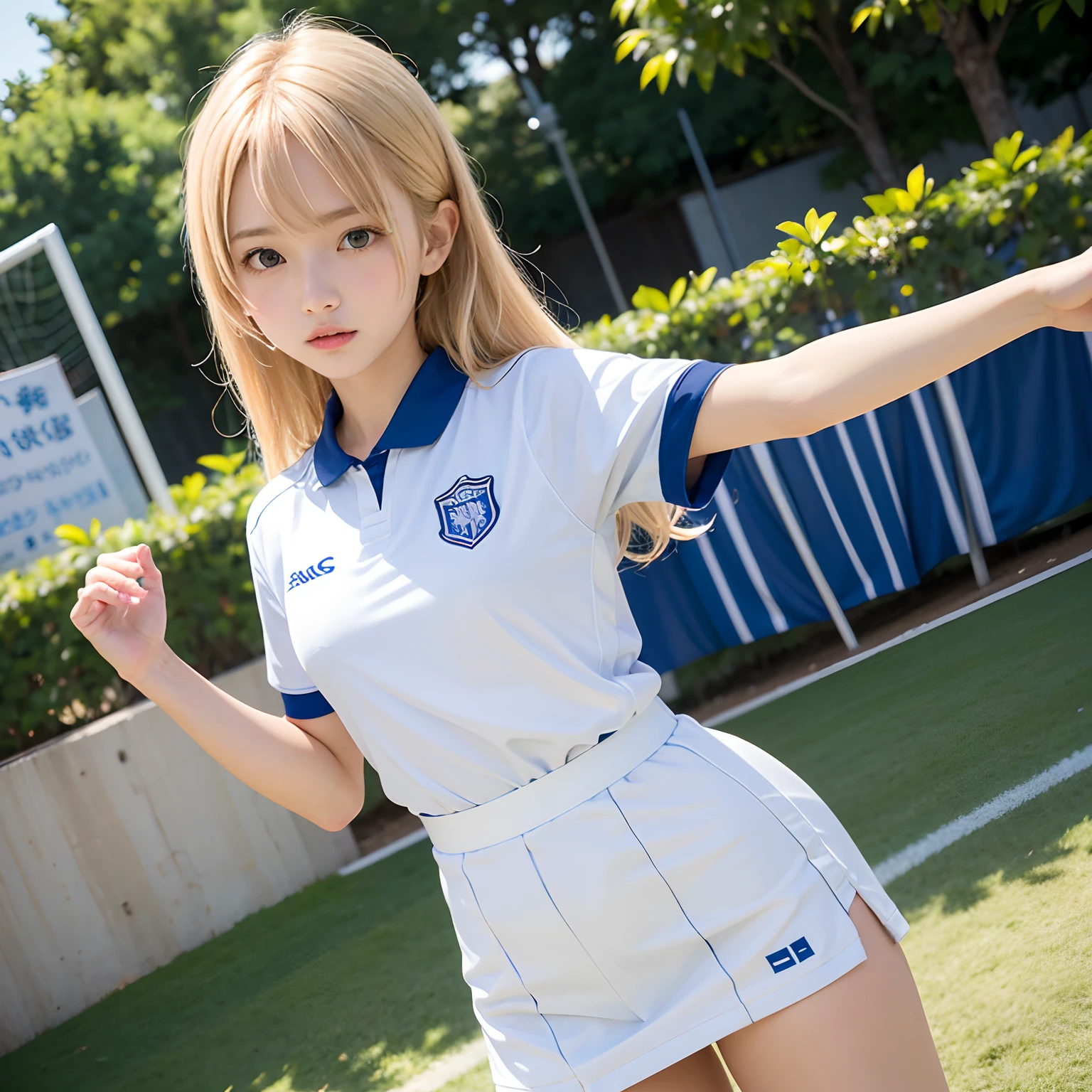 (masutepiece, Best Quality:1.2), 8K, Official art, Raw photo,Angle from directly below、Taken from directly below、Jumping、Soccer Uniforms、Full Bord Bill Four、cute butt、Cute little girl s、、skinny、14years、unbelievable Ridiculous, (Upper body, football uniform:1.4), Beautiful Girl, Pretty Face, arching back down,、a blond、Natural jumps, Short sleeve, violaceaess, Teen, Looking at Viewer, Film grain, chromatic abberation, Sharp Focus, face lights, Dynamic lighting, Cinematic lighting, Eyes and faces with detailed, Bokeh background,