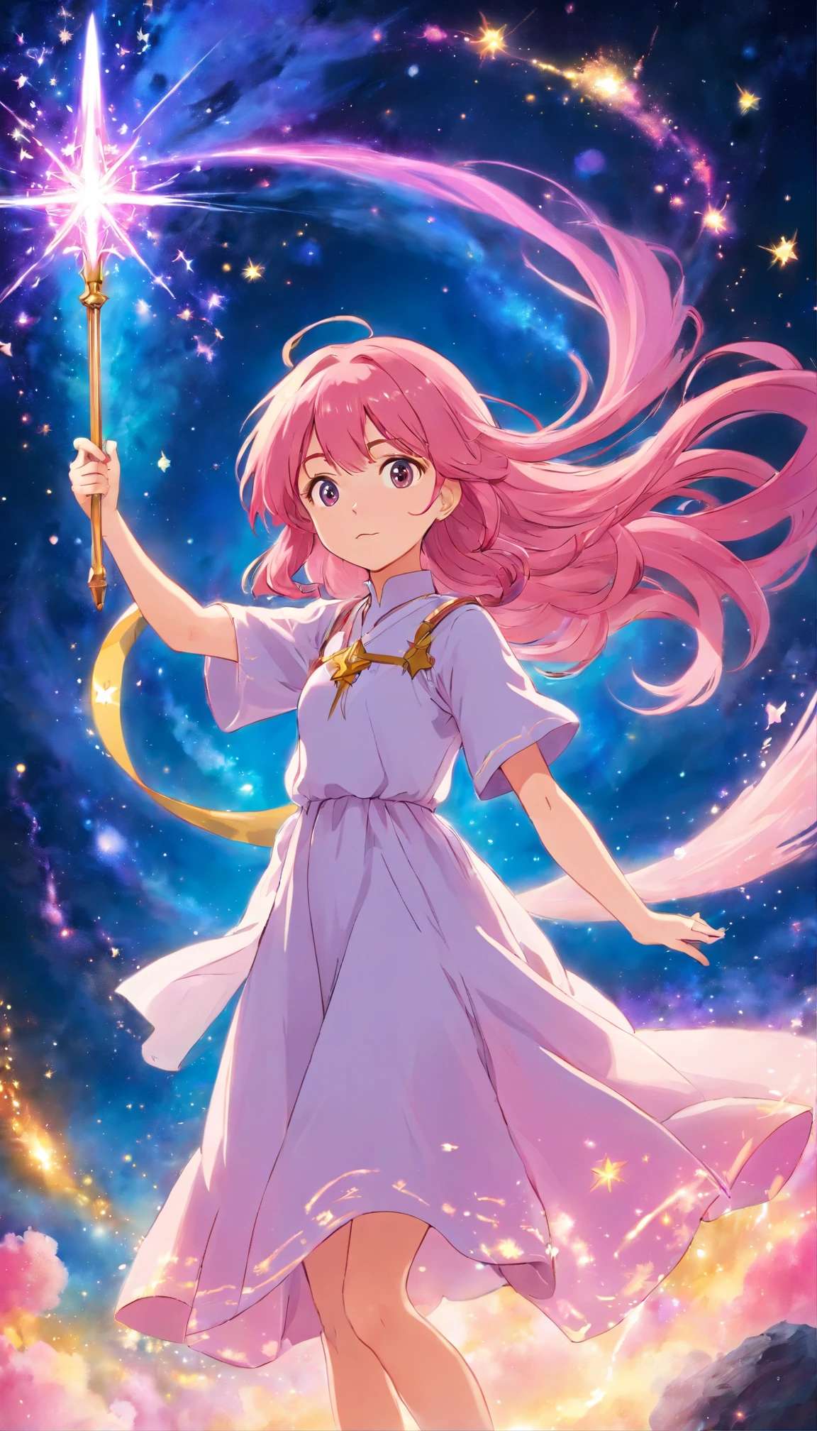 (best quality,ultra-detailed),female character,pink hair,anime style,cosmic nebulae,star background,sparkling eyes,flowing dress,magic staff,long flowing hair,colorful and vibrant,ethereal lighting