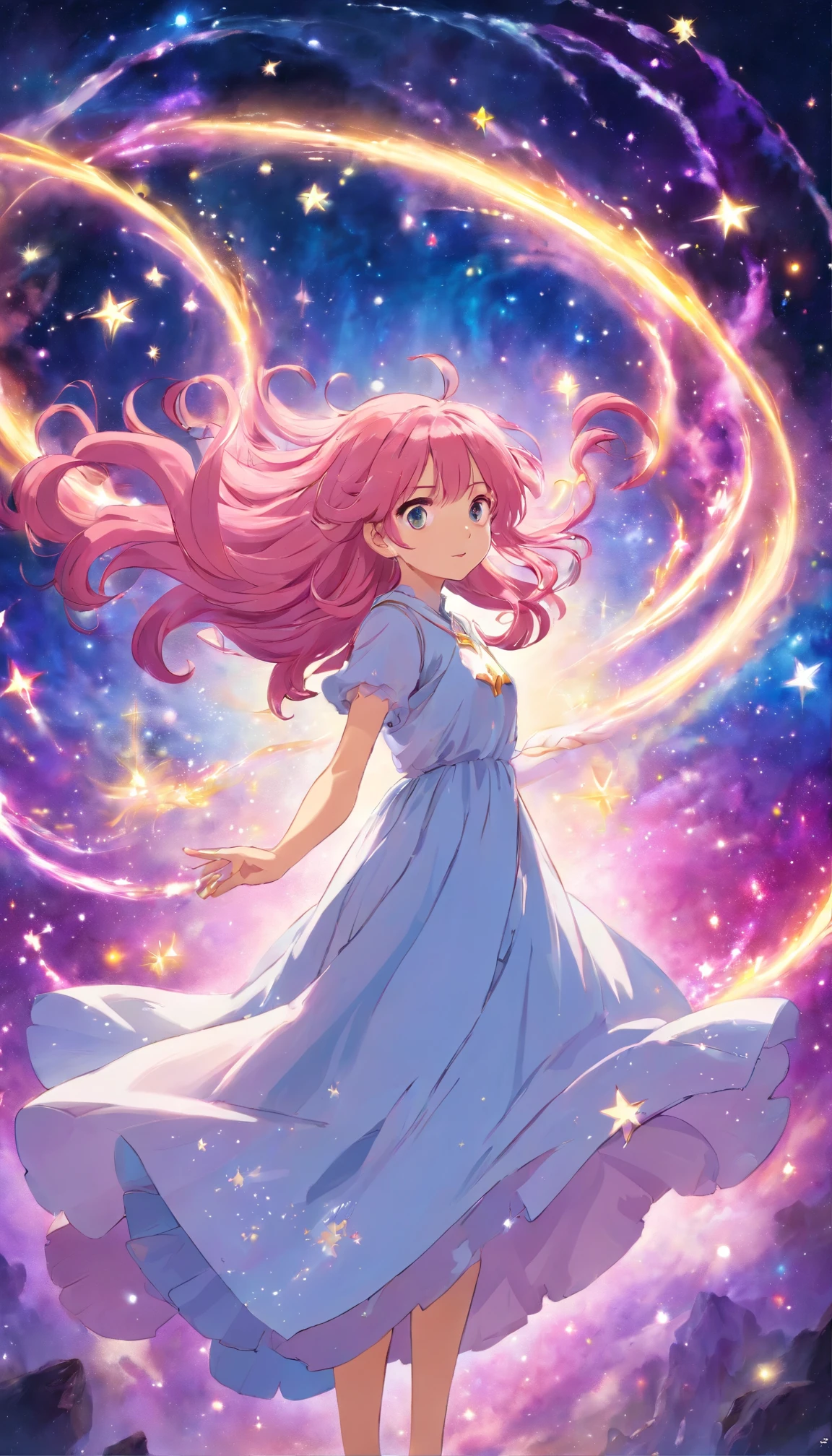 (best quality,ultra-detailed),female character,pink hair,anime style,cosmic nebulae,star background,sparkling eyes,flowing dress,magic staff,long flowing hair,colorful and vibrant,ethereal lighting