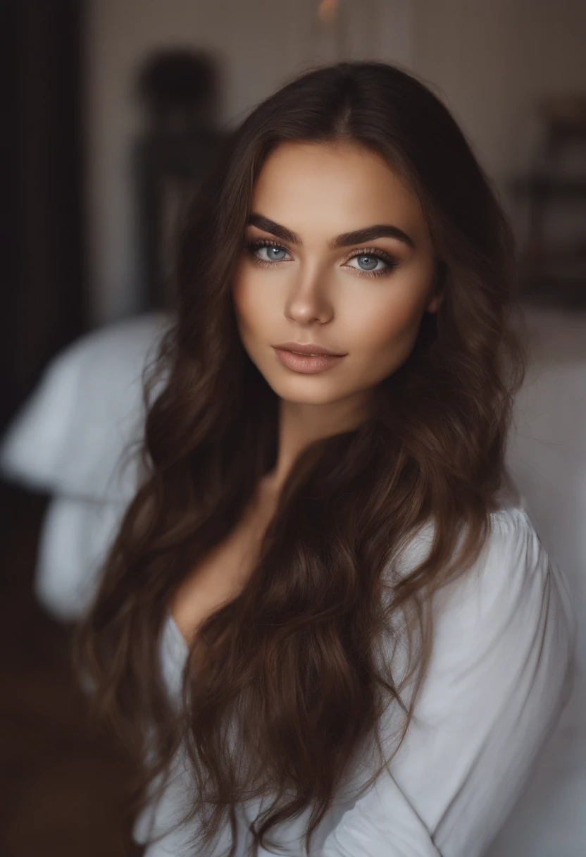 arafed woman with no top and panties, sexy girl with blue eyes, portrait sophie mudd, brown hair and large eyes, selfie of a young woman, bedroom eyes, violet myers, without makeup, natural makeup, looking directly at the camera, face with artgram, subtle makeup, stunning full body shot, cleavage, at the mall