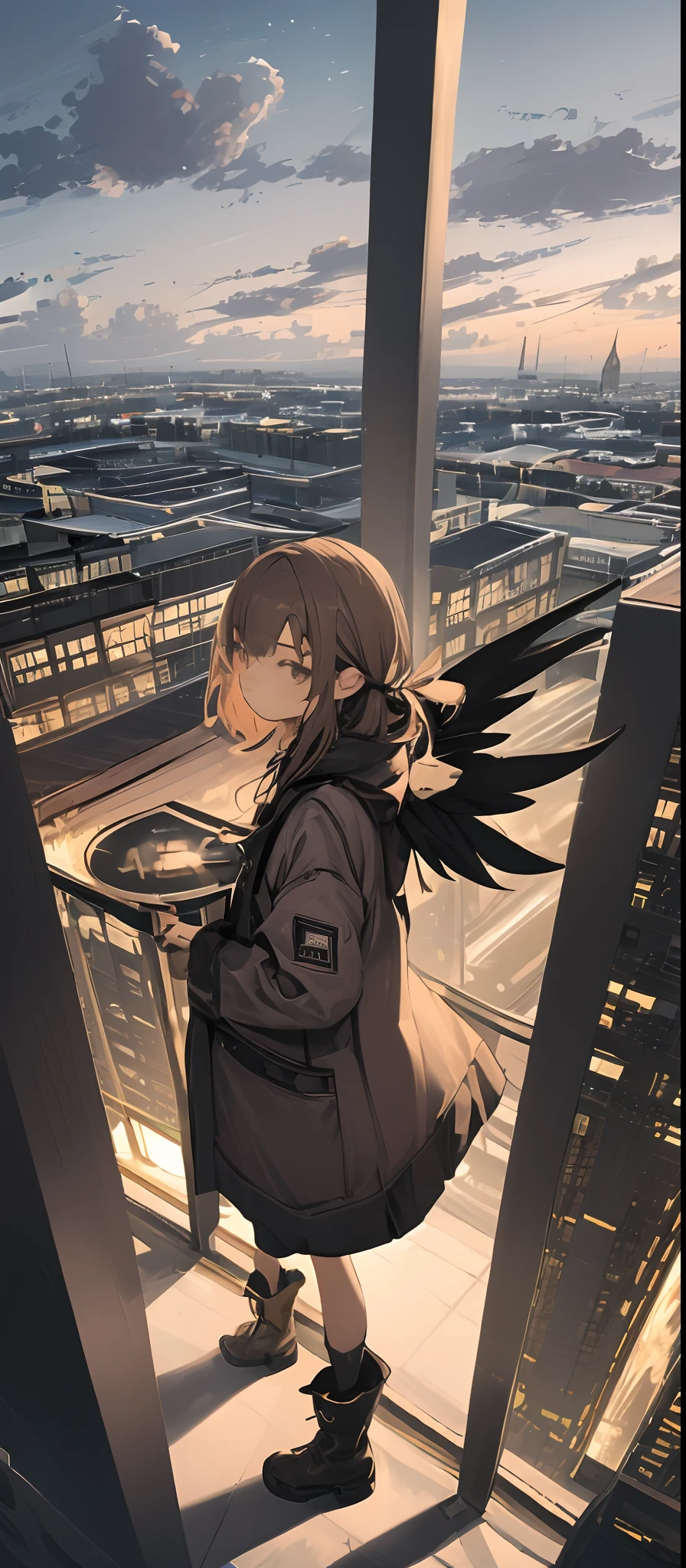 (masterpiece、top-quality),From above, 1girl in, 独奏, (Feather wings:1.2), signboard, brown-eyed, brown haired, built, city nigth, cloudy ash sky, coat, boots, cranes \(machines\), Dutch angle, From the side, Light frown, Look at viewers, plein air, On the rooftop, Skysky, skyscraper、natta、stele