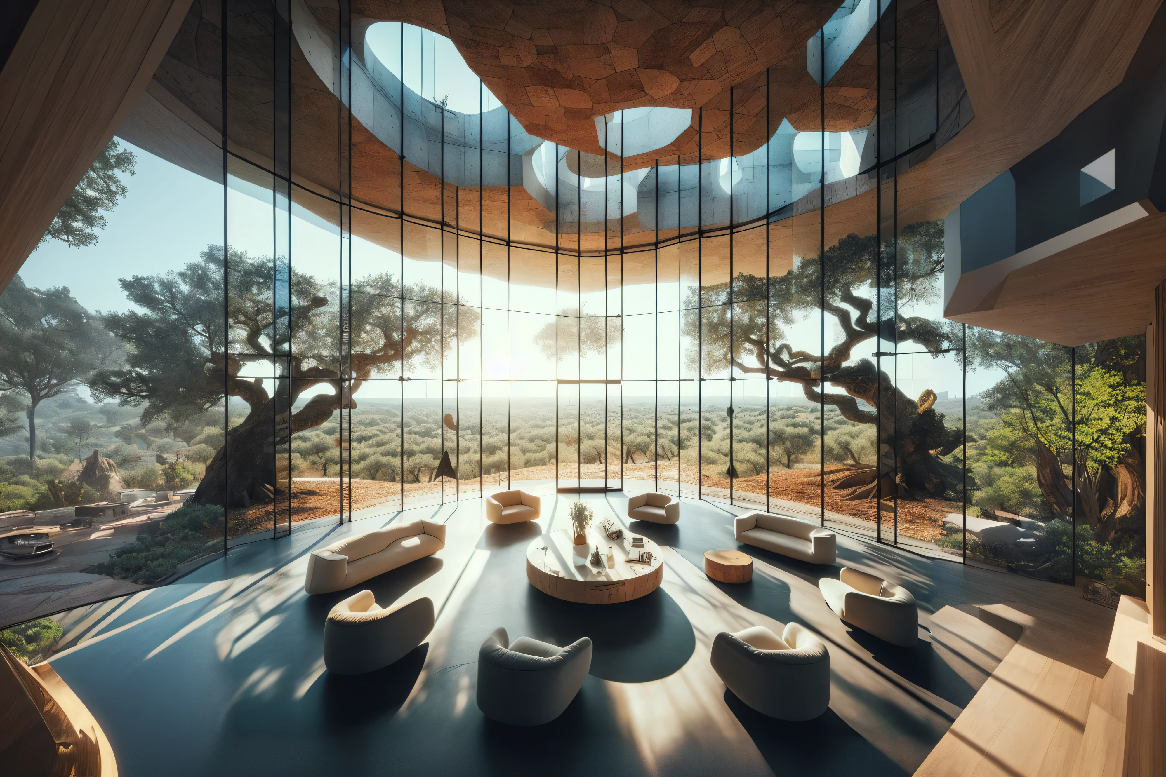 a view of a living room with a large tree in the background, in a futuristic desert palace, beeple rendering, organic architecture, by Zha Shibiao, architectural visualization, beautiful render of a landscape, architectural rendering, futuristic architecture concept, breathtaking render, interior architecture view, 3 d render beeple, inspired by Filip Hodas, rounded architecture