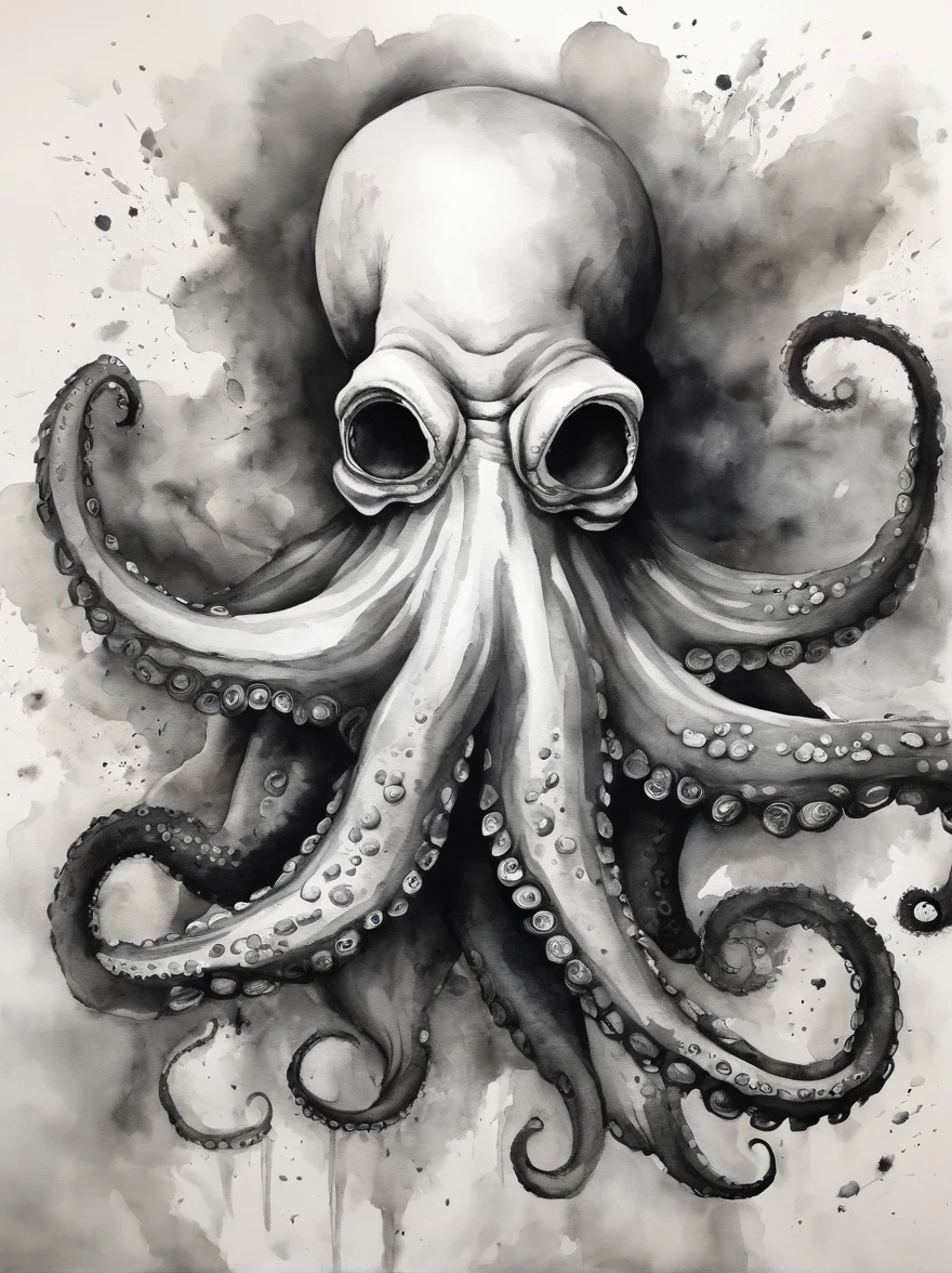 (photorealism:1.2), octopus grabs a man in black and white clipart drawing