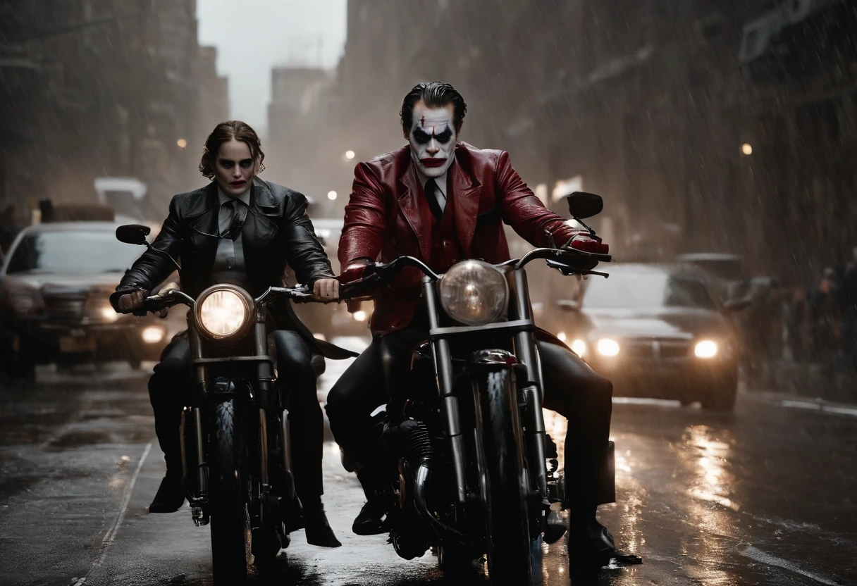 Joaquin phoenix in joker and harley quinn riding monster motorbikes, joker paint on the face, joker style, harley quinn suit, rain day, wet, action moment, dramatic couple hotography, arkham city, detailed face and eyes, perfect anatomy, perfect finger, motion blur,  lots of detail, higly detailed, cinematic night lighting, movie scenes, trending movie color style, realistic photography, ultra realistic, masterpiece, dynamic composition, dynamic shot, very wide view, nvidia rtx