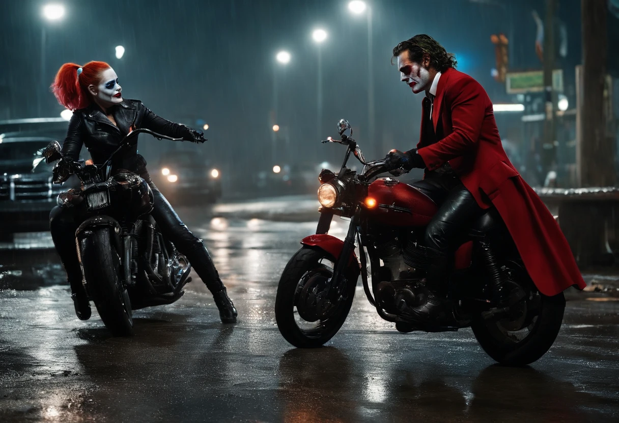 Joaquin phoenix in joker and harley quinn riding monster motorbikes, joker paint on the face, joker style, harley quinn suit, rain day, wet, action moment, dramatic couple hotography, arkham city, detailed face and eyes, perfect anatomy, perfect finger, motion blur, lots of detail, higly detailed, cinematic night lighting, movie scenes, trending movie color style, realistic photography, ultra realistic, masterpiece, dynamic composition, dynamic shot, very wide view, nvidia rtx