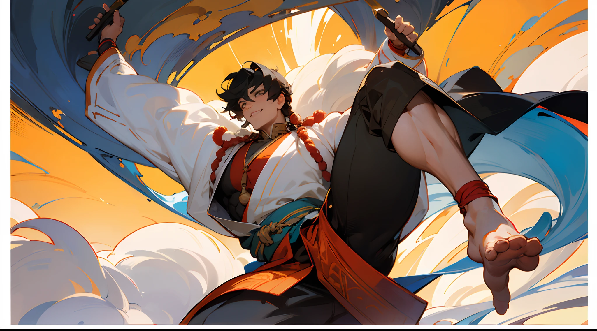 (best qualtiy,A high resolution,photo-realistic:1.37),Muscular,Well-proportioned,Bodybuilders wear traditional Tibetan clothing with a sturdy structure,He has a strong chin and broad shoulders。His neck was thick and powerful。The bodybuilder has a cute smile and sincere bright eyes。His thick, Wavy black hair hanging down from a cascading braid at the back。He wore a knee-length robe,Made from thick warm wool,There are intricate patterns on the collar,The cuffs and hem are decorated in bright contrasting colors。His waist is adorned with a wide traditional Tibetan knife belt。,The silver bell hung from his ankle。The whole picture takes on a striking pattern in the sunlight,Highlight his body line,And convey the unique charm of Tibetan culture through color。