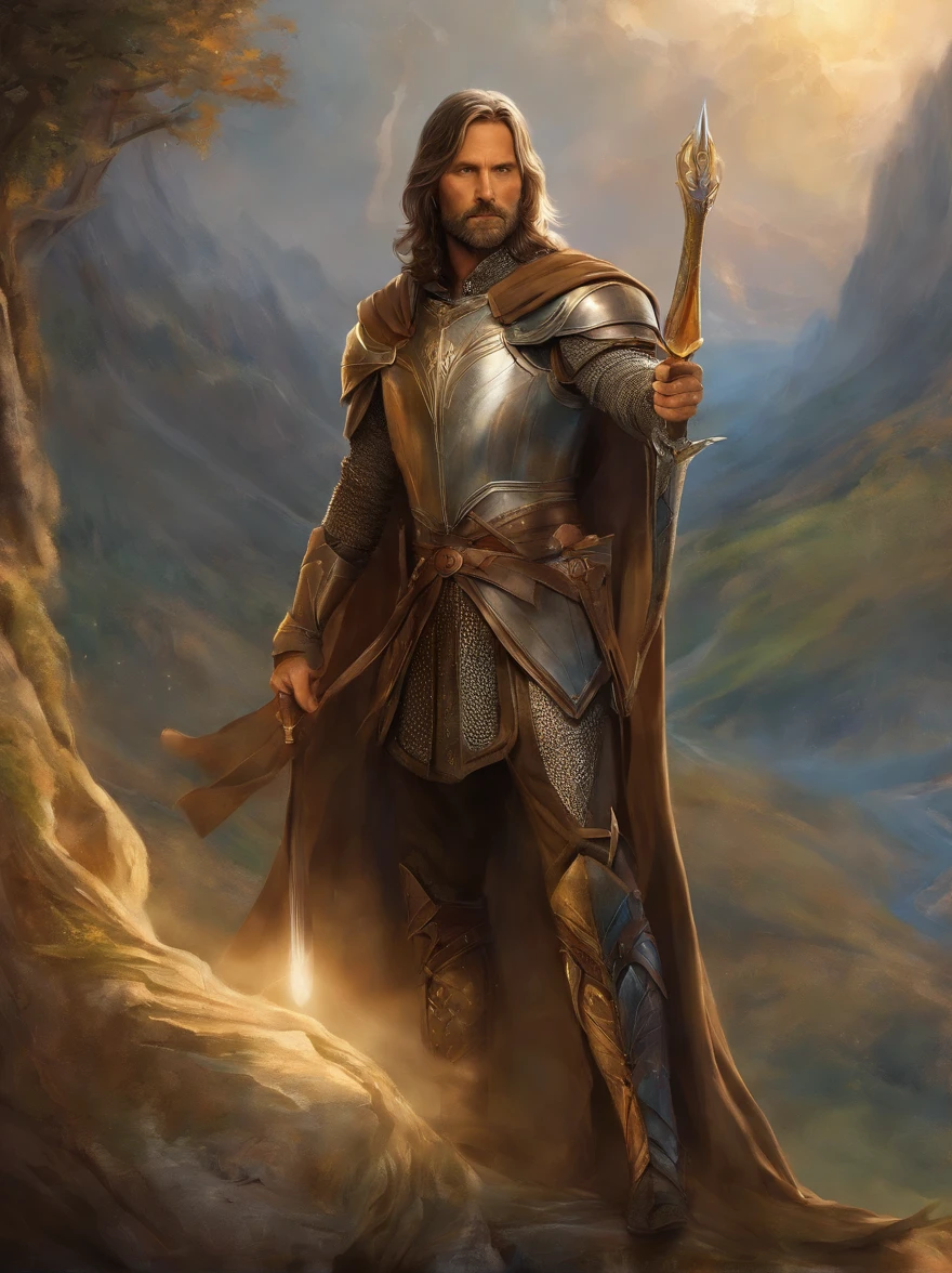 A man in armor holding a sword standing in front of a mountain 