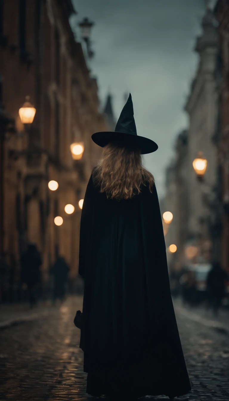 Haunted city Halloween with a female witch