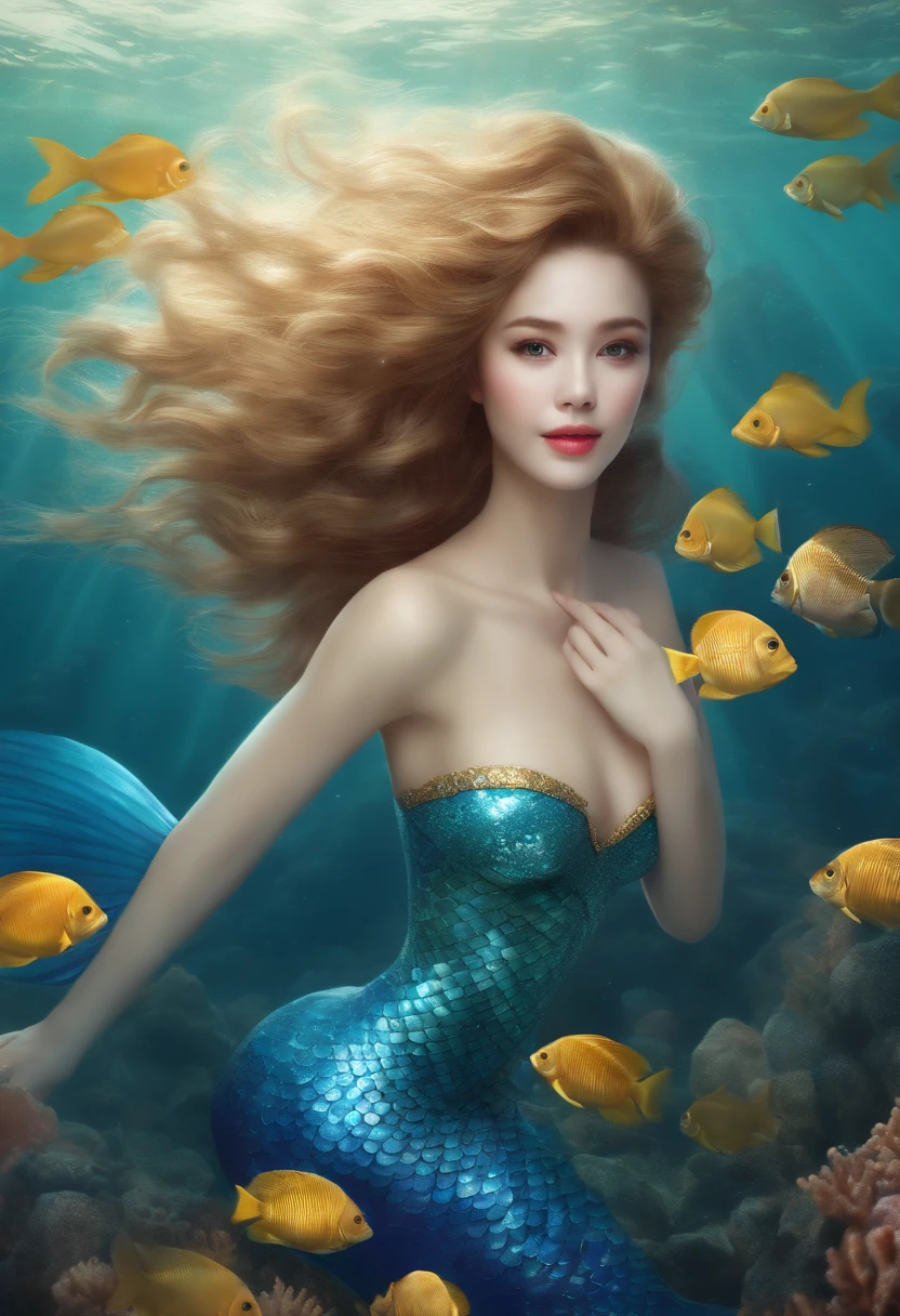 ((Her whole body,Little Mermaid,Princess,Pregnant,Very big belly,Mermaid in Japan,japanese beauty girl,Photograph the whole body,late pregnancy,the presence of scales on the arms,,Full mermaid tail,The lower body is completely the body of a fish,,the lower body is completely covered with scales,,Scales around the waist,Gradation of scales and skin,Mermaid tail,Wear the finest gorgeous bras,The whole body is shown,Her whole body,Panoramic view of the tail,Whole tail)),(((From the upper arm down there are scales.,the presence of scales on the arms,,,,Beautiful blue and gold decoration,Blue and gold decoration all over the body,There are thin scales around the stomach,the presence of scales around the belly,,,,Beautiful scale gradients,Glittering scales,Realistic scale,Pearls and jewel-encrusted scales,))),((Beautiful fins,Sparkling tiara,Lots of gems,Giant Tiara,glitter makeup,Gorgeous bracelets,Gorgeous earrings,Huge necklace,Gorgeous Rings,The boundary between humans and fish is a gradation of scales and skin color,Realistic gradients of scale and skin tone,segment々Transformation of scales into a flesh color)),(((Shining water,She is swimming in the sea,swimming through the ocean,Her whole body is visible,Beautiful lots of coral and tropical fish in the background, Sunlight shines in, Hair swaying in the water,The sea sparkles like a jewel,Detailed sea, Fine shine,Glittering Sea,Glittering background)))((A detailed face,face perfect,beautiful smiling face,Big smile,Quality and beautiful face,,Perfect fingers,Perfect hands,Accurate five-finger,Smile at the camera's gaze,Perfect gas chamber,perfect white teeth,Clean teeth,Precise teeth,Colossal tits))glistning skin,pretty skin,masutepiece, (highdetailskin:1.2),8K、Ulutra HD, Digital SLR, hightquality, hight resolution