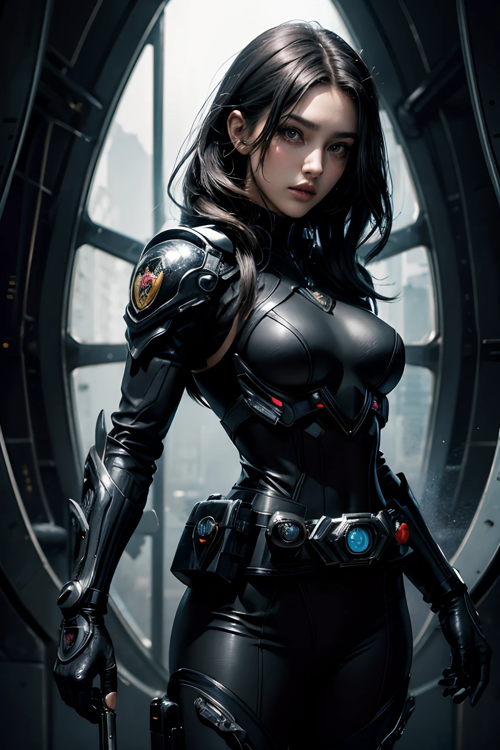 Beautuful Women. Detailed depiction of the face. Beautiful double eyes. High nose shapely lips. Black, Eta、That's shoulder length. She is clad in a black combat suit. On the waist of that combat suit、There's something reminiscent of Kamen Rider's transformation belt. She is inside the spaceship.