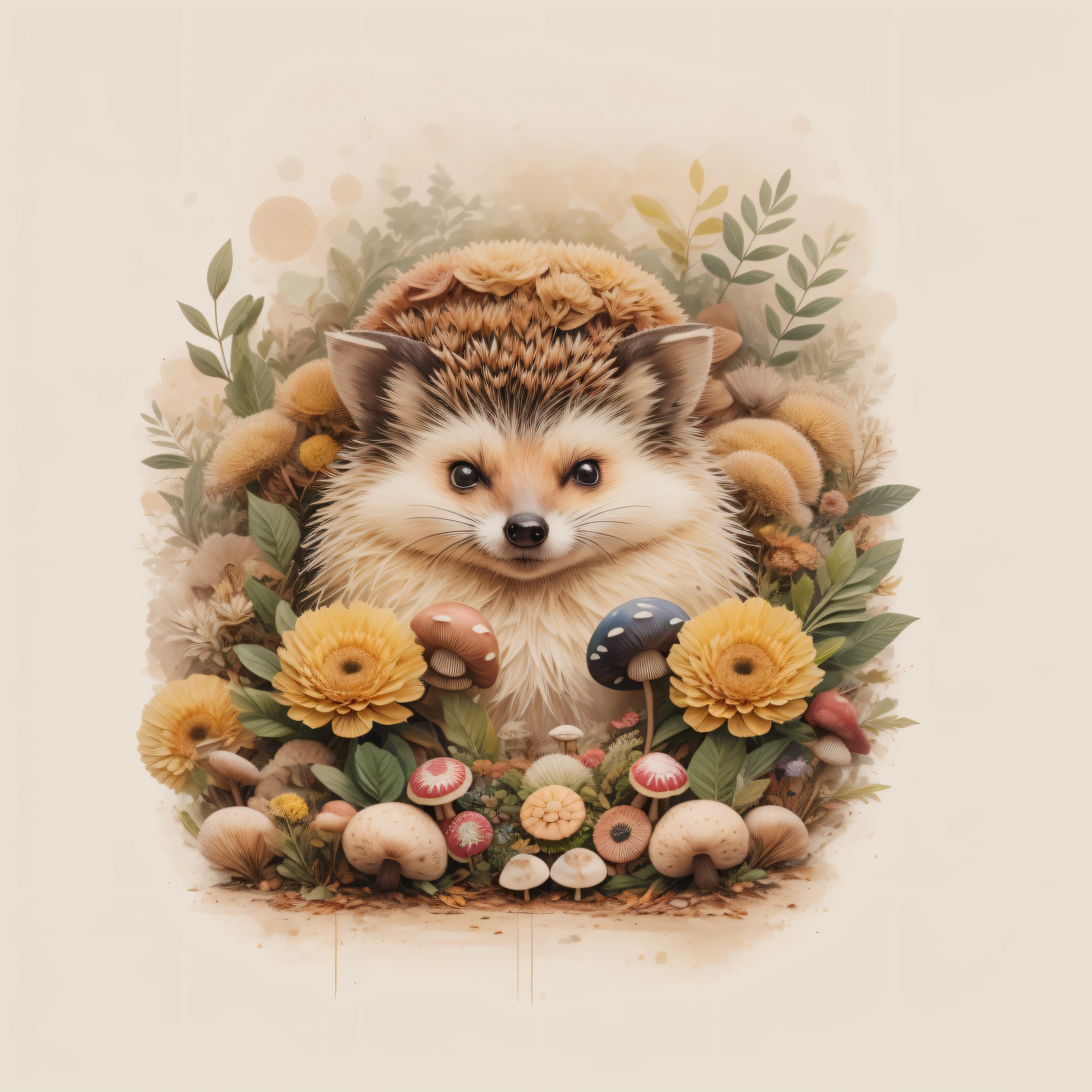 There's a hedgehog sleeping on a pile of leaves and mushrooms, erizo caprichoso,Ethereal Hedgehog, por Jeka Kemp, Beautiful autumn spirit, autumn, Illustration of fox ears, por Andrée Ruellan, Zorros, Lindo erizo, por Caroline Chariot-Dayez, Animal erizo, Teniente Zofia Stryjenska, El encantador erizo, Inspirado en Nicoletta Ceccoli