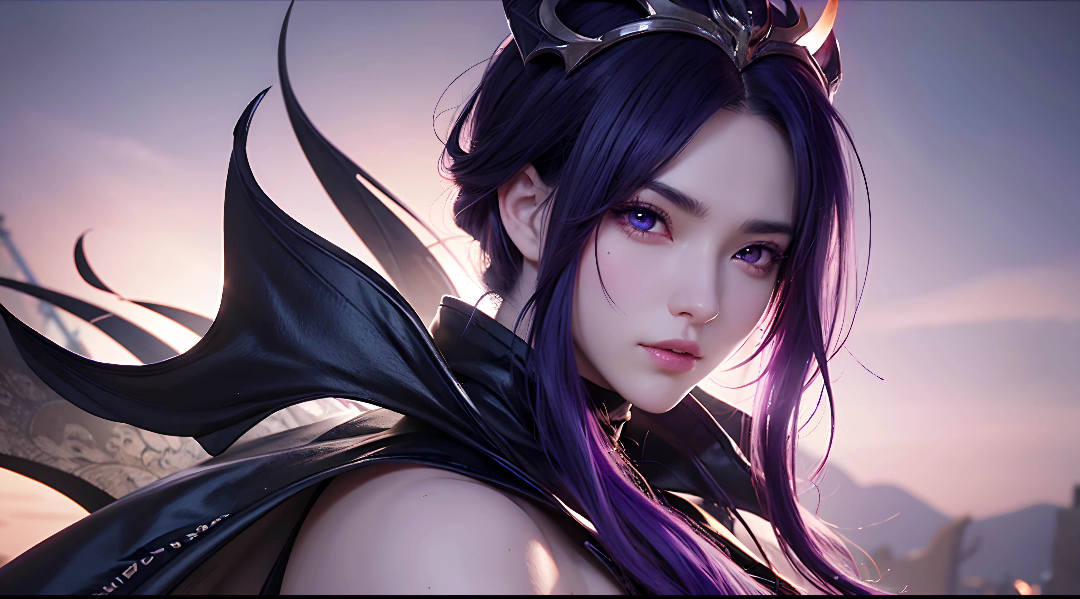 Extremely detailed artwork, best quality, 8k: Anime character with purple hair and glowing eyes against dark background, handsome guy in demon slayer art, epic fantasy art style epic, badass anime 8k, epic fantasy digital art style, detailed anime digital art, male demon human, portrait of the underworld , epic fantasy art style hd, expressive fierce 8k, male demon, extremely detailed artgerm.