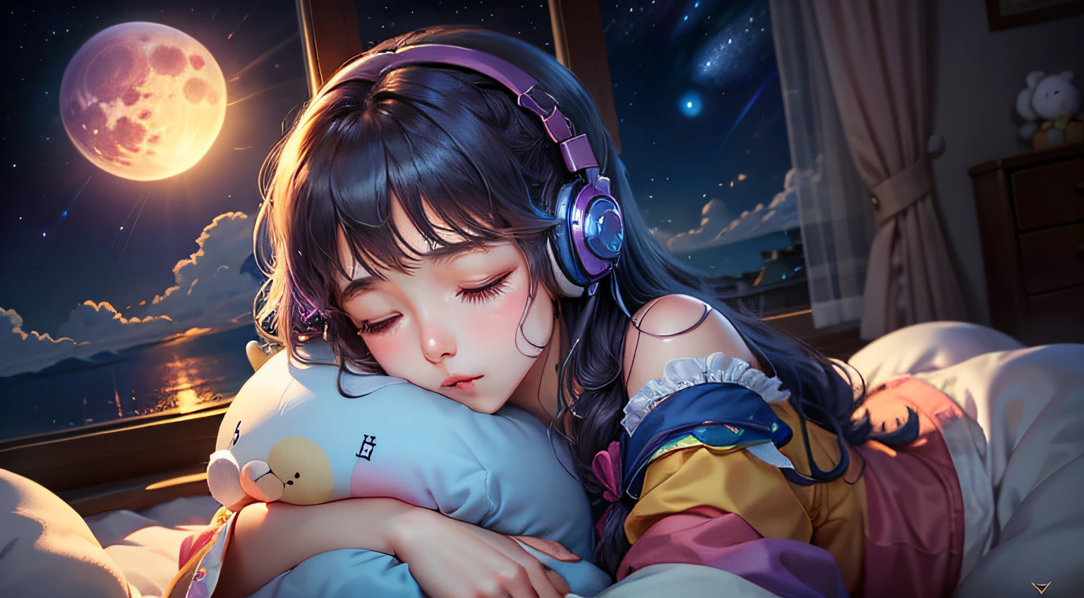 colorful、on clouds、kosmos、night, Big Moon in window、realistic、The girl is sleeping、She wears delicate headphones that blend into her hair, Only one stuffed animal、closed eyes, hugging pillow、超A high resolution