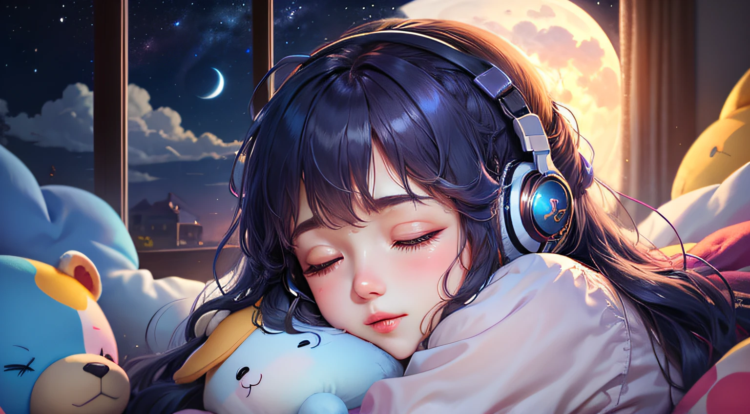 colorful、on clouds、kosmos、night, Big Moon in window、realistic、The girl is sleeping、She wears delicate headphones that blend into her hair, Only one stuffed animal、closed eyes, hugging pillow、超A high resolution