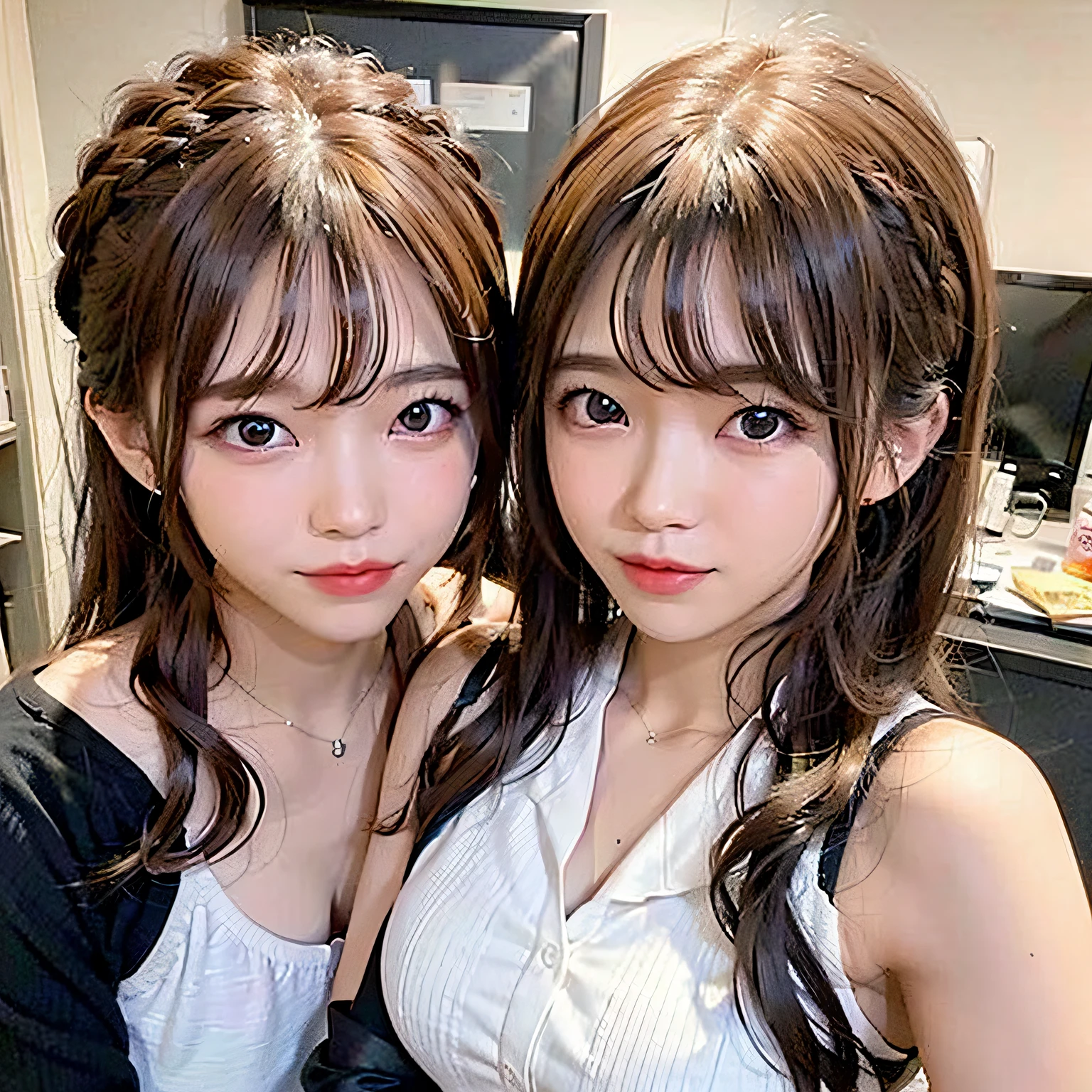 (:1.5), 17 age, 2girls, Beautiful breasts, Beautiful , Twintail hairstyles, Twintail hairstyles, blue eyess、blue hairs、