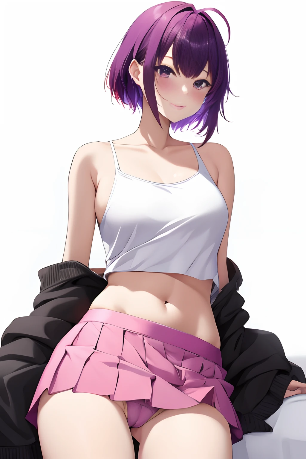 masterpiece, top-quality, Hi-Res, 1girl in, 独奏, Pink skirt,White panty、 Tank Tops、, Beautiful ass、shorth hair,Beautiful navel、Beautiful calves、 Ahoge, black thigh, red hairs, a purple eye, purple color hair, long-sleeve, frowned, Slouched,masterpiece, top-quality, Hi-Res, 1girl in, 独奏, Lunamaria Hawk、Spread legs、Show silk panties,Beautiful camel toe,M-shaped legs、Pink skirt,White panty、 military outfits, Beautiful ass、shorth hair, Ahoge, black thigh, red hairs, a purple eye, purple color hair, long-sleeve, frowned, Slouched,