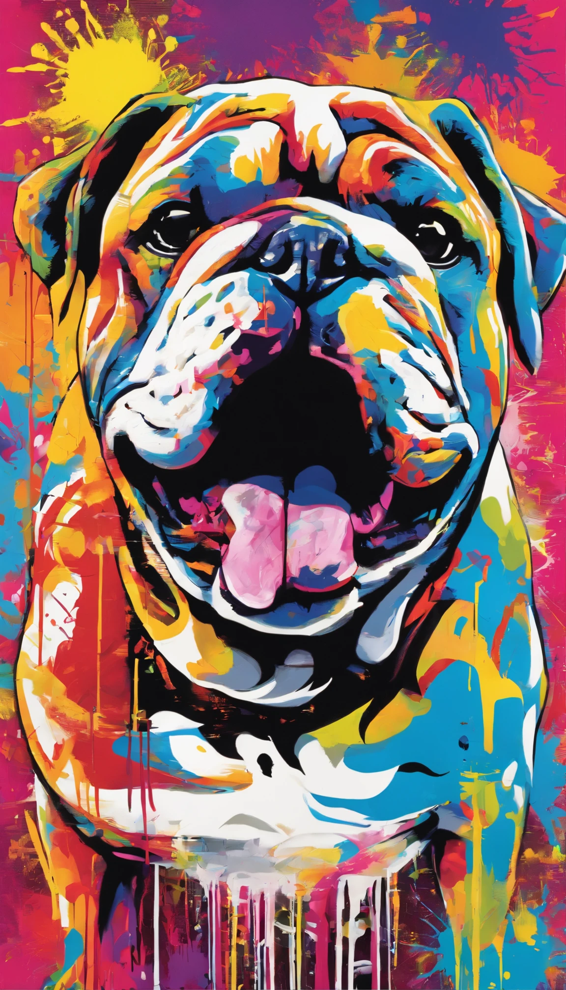 Picture this: a striking image of a bulldog, displayed in a vibrant array of colors that echoes the pop art style. The bulldog radiates a blend of toughness and charm, reflecting its character and persona. Splashes of neon colors like electric blue, hot pink and bright yellow would be layered with textures and stylized street elements such as graffiti sprays and stencils.
The bulldog's features would be exaggerated to highlight its whimsical nature, with big, expressive eyes to portray its soulfulness. Various symbolic elements like broken chains or crown, reflecting freedom and majesty, could be artfully incorporated into the composition.
As is custom in Mr. Brainwash's work, the piece would encourage the viewer to challenge their perceptions and engage in thought, all while appreciating the visually arresting, fun and energetic piece of art.
Remember though, this is just a description and the real creation can only be brought to life by Mr. Brainwash himself.