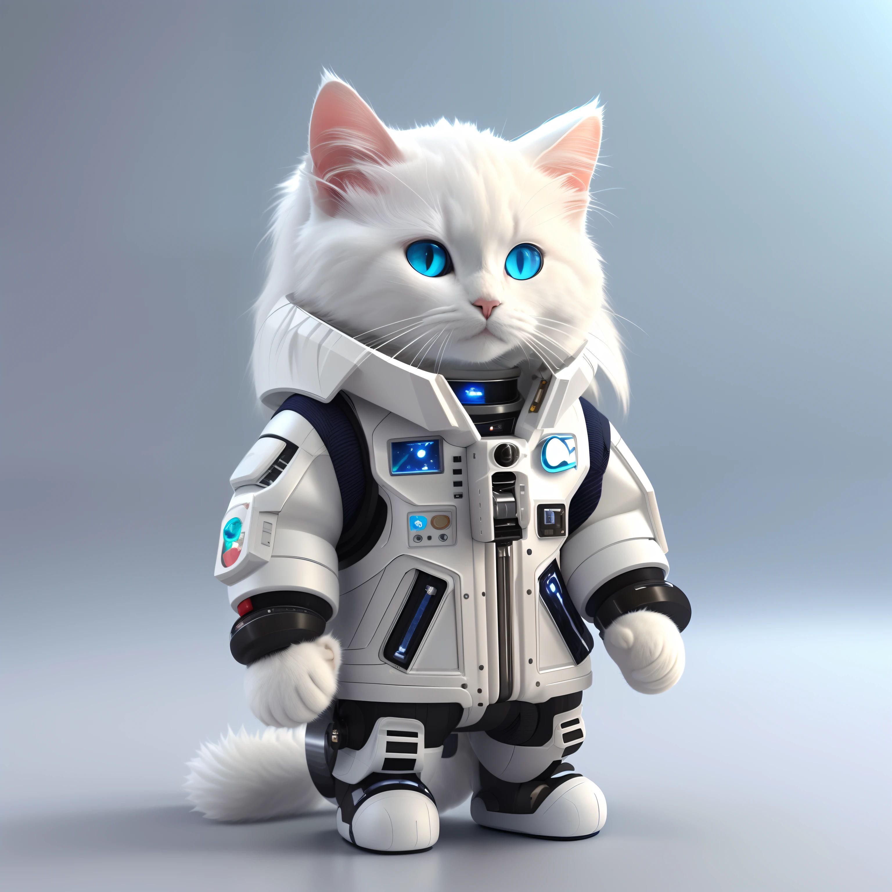 There is a white cat in a spacesuit and blue eyes, astronaut cat, space cat, cyborg kitten, cyborg cat, cat in space, cyborg cat, robotic cat, robotic cat, anthropomorphic female cat, Anthropomorphic cat, Cat Robot, cute 3d render, in a space cadet outfit, Cyberpunk cat, cat from the void