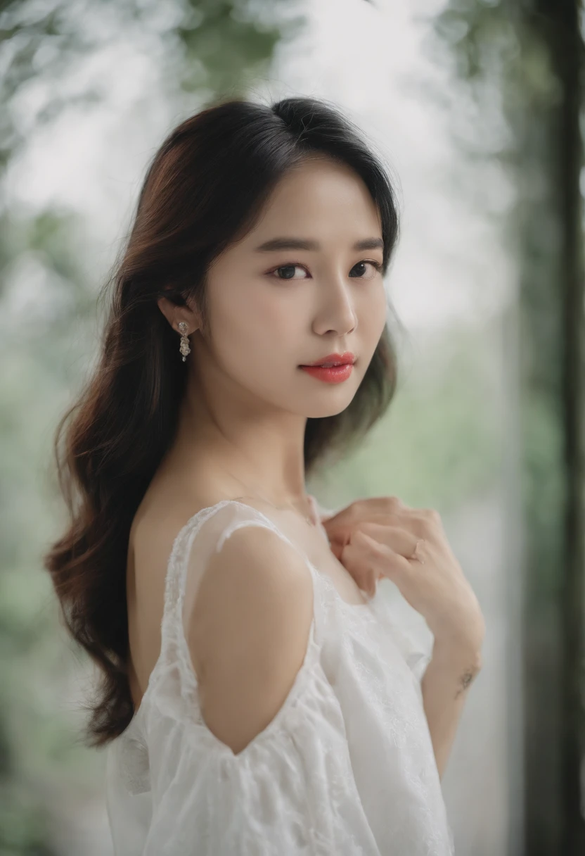 A close-up of a long-haired woman wearing a white shirt, 1 8 I, 18 ans, Fille de 19 ans, Xintong Chen, korean girl, Xision Wu, Heonhwa Choe, 2 2 ans, 21 ans, Ulzzang, Wenfei Ye, jeune mignon wan visage asiatique, lips and blue briefs