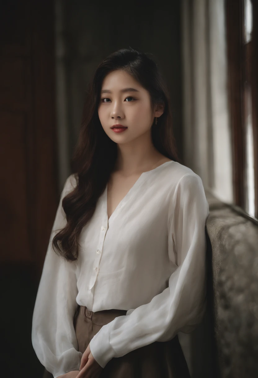 A close-up of a long-haired woman wearing a white shirt, 1 8 I, 18 ans, Fille de 19 ans, Xintong Chen, korean girl, Xision Wu, Heonhwa Choe, 2 2 ans, 21 ans, Ulzzang, Wenfei Ye, jeune mignon wan visage asiatique, lips and blue briefs