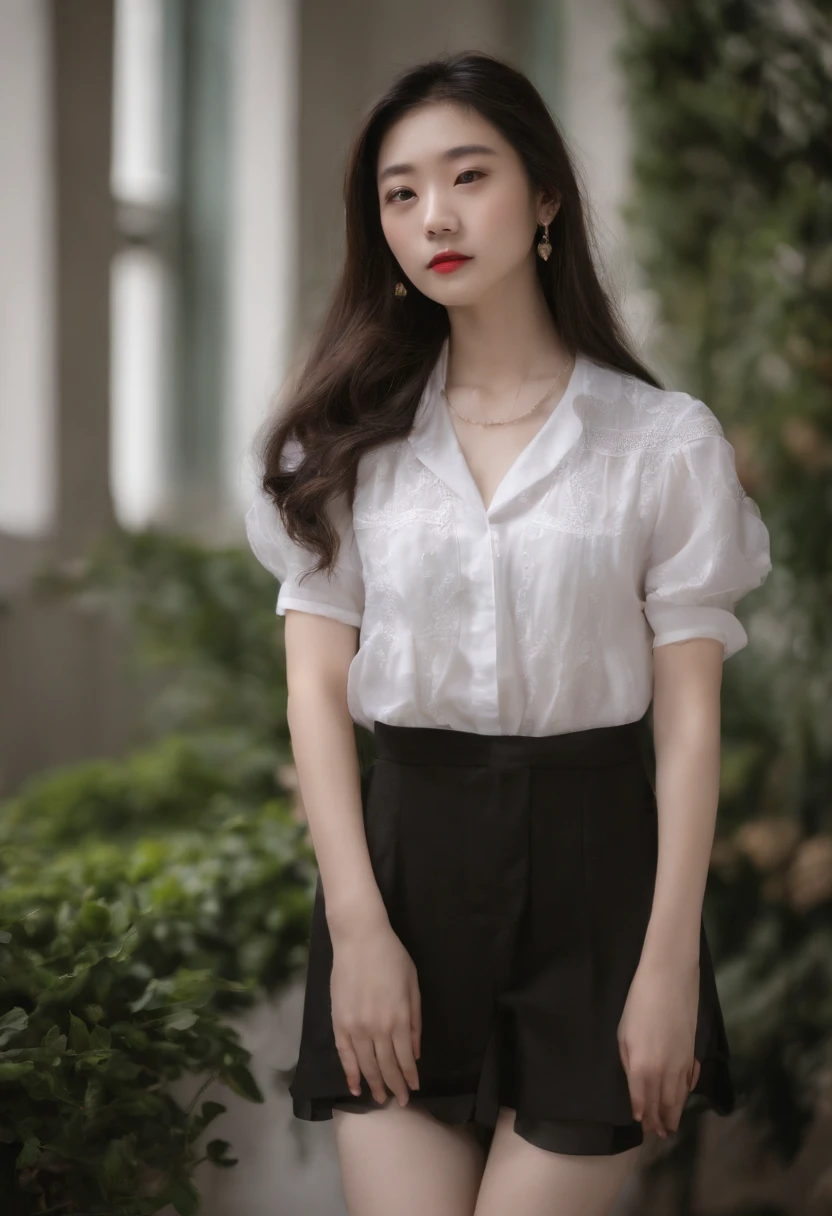 A close-up of a long-haired woman wearing a white shirt, 1 8 I, 18 ans, Fille de 19 ans, Xintong Chen, korean girl, Xision Wu, Heonhwa Choe, 2 2 ans, 21 ans, Ulzzang, Wenfei Ye, jeune mignon wan visage asiatique, lips and blue briefs