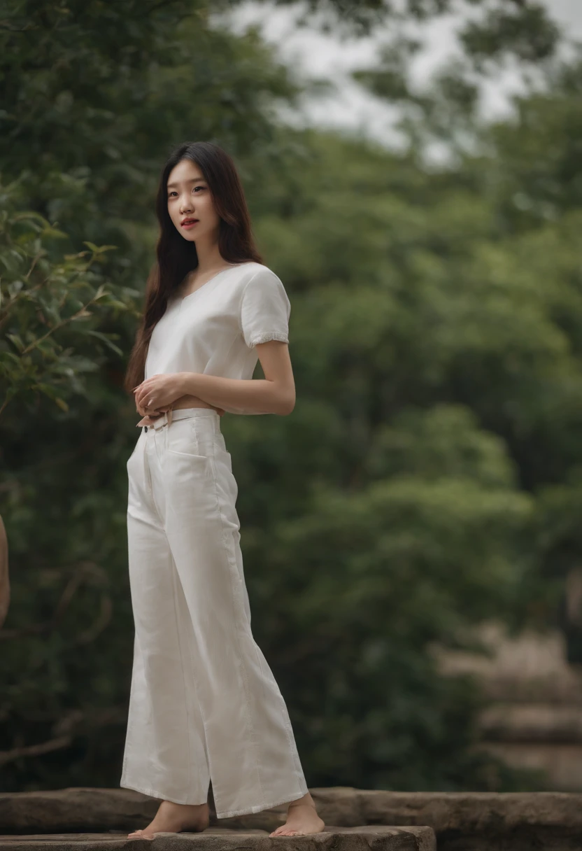 A close-up of a long-haired woman wearing a white shirt, 1 8 I, 18 ans, Fille de 19 ans, Xintong Chen, korean girl, Xision Wu, Heonhwa Choe, 2 2 ans, 21 ans, Ulzzang, Wenfei Ye, jeune mignon wan visage asiatique, lips and blue briefs