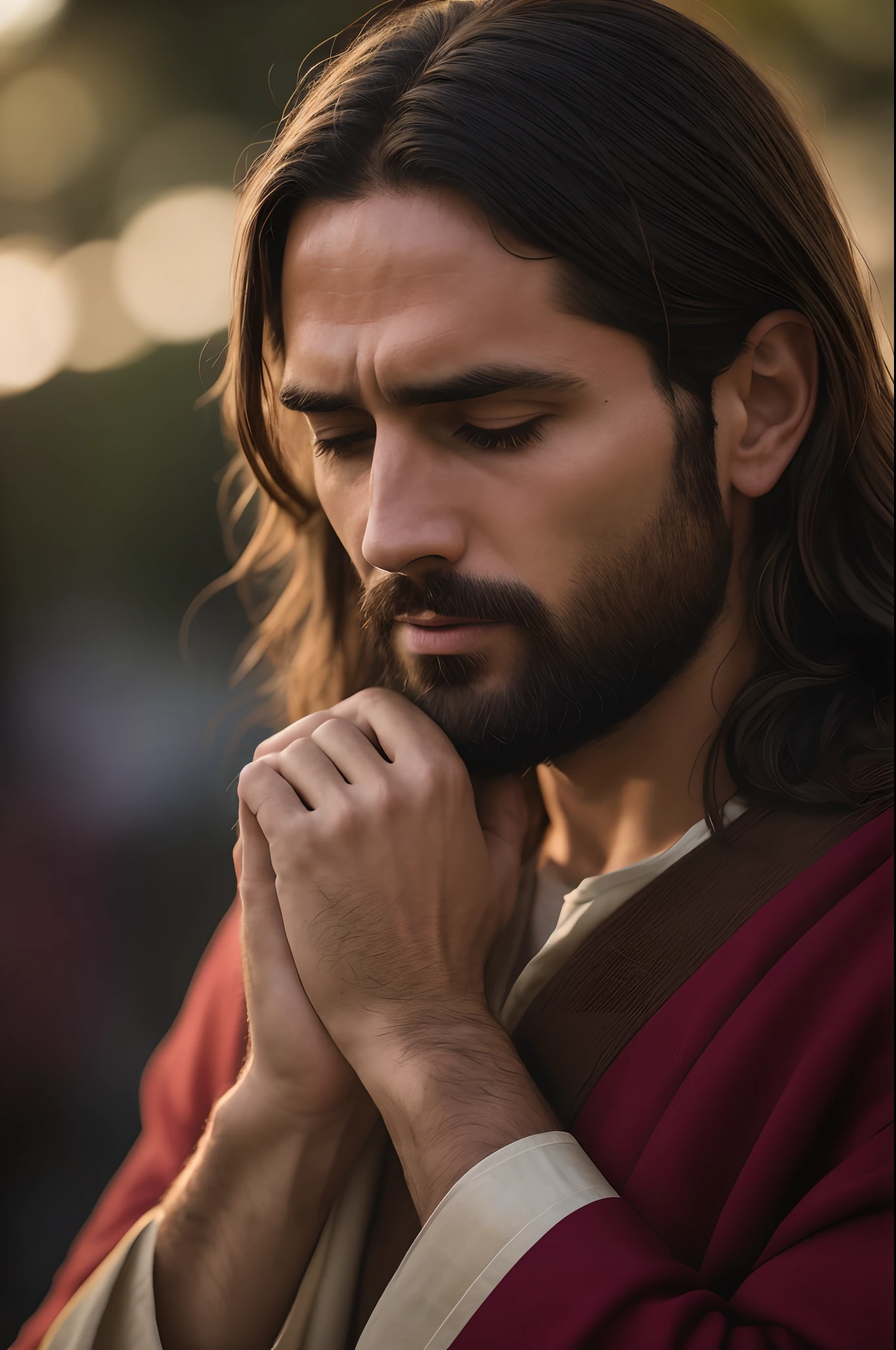 homem arafed com cabelos longos e barba orando, Retrato de Jesus Cristo, Jesus Cristo, Jesus, Vestido como Jesus Cristo, jesus of nazareth, rosto de Jesus, renderizado em 4K, beautiful man, jesus wasted at a party, with his hands in his hair, Shutterstock, holy man looking down at the ground, foto de retrato detalhada