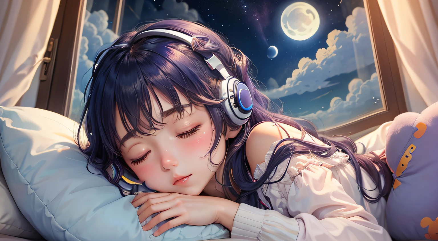 colorful、on clouds、kosmos、night, Big Moon in window、realistic、The girl is sleeping、She wears delicate headphones that blend into her hair, Only one stuffed animal、closed eyes, hugging pillow、超A high resolution