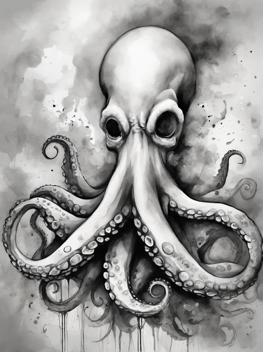 (photorealism:1.2), octopus fighting in black and white clipart drawing
