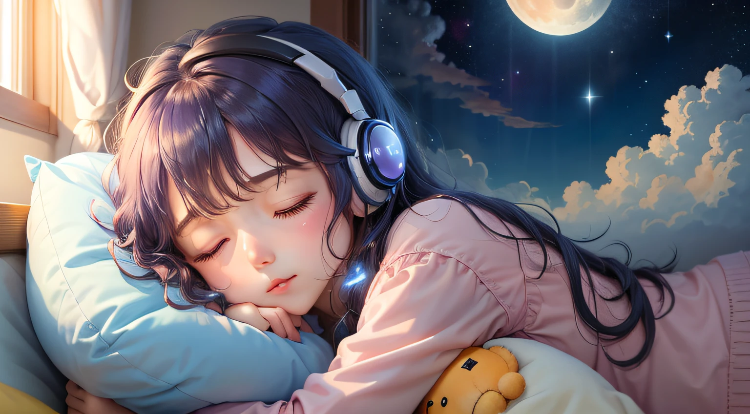 colorful、on clouds、kosmos、night, Big Moon in window、realistic、The girl is sleeping、She wears delicate headphones that blend into her hair, Only one stuffed animal、closed eyes, hugging pillow、超A high resolution