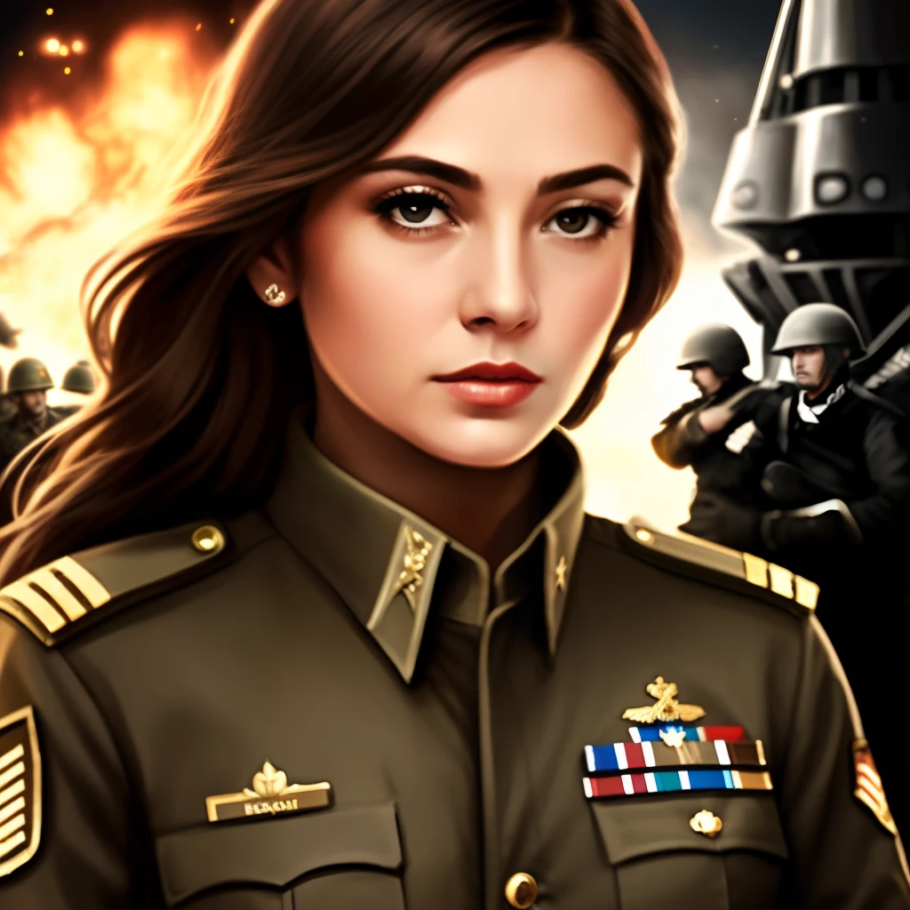Realistic,Polite dresses,(Fighter Action War Movie Poster),(Foundation Movie Reference: 1.8),Realistic,Air Force general uniform,(Realistic face resolution),cinematic pose,Adult,skinny,Small,1 long-haired dark blonde woman,Serious face,Science fiction,scientific fiction,Various supporting characters