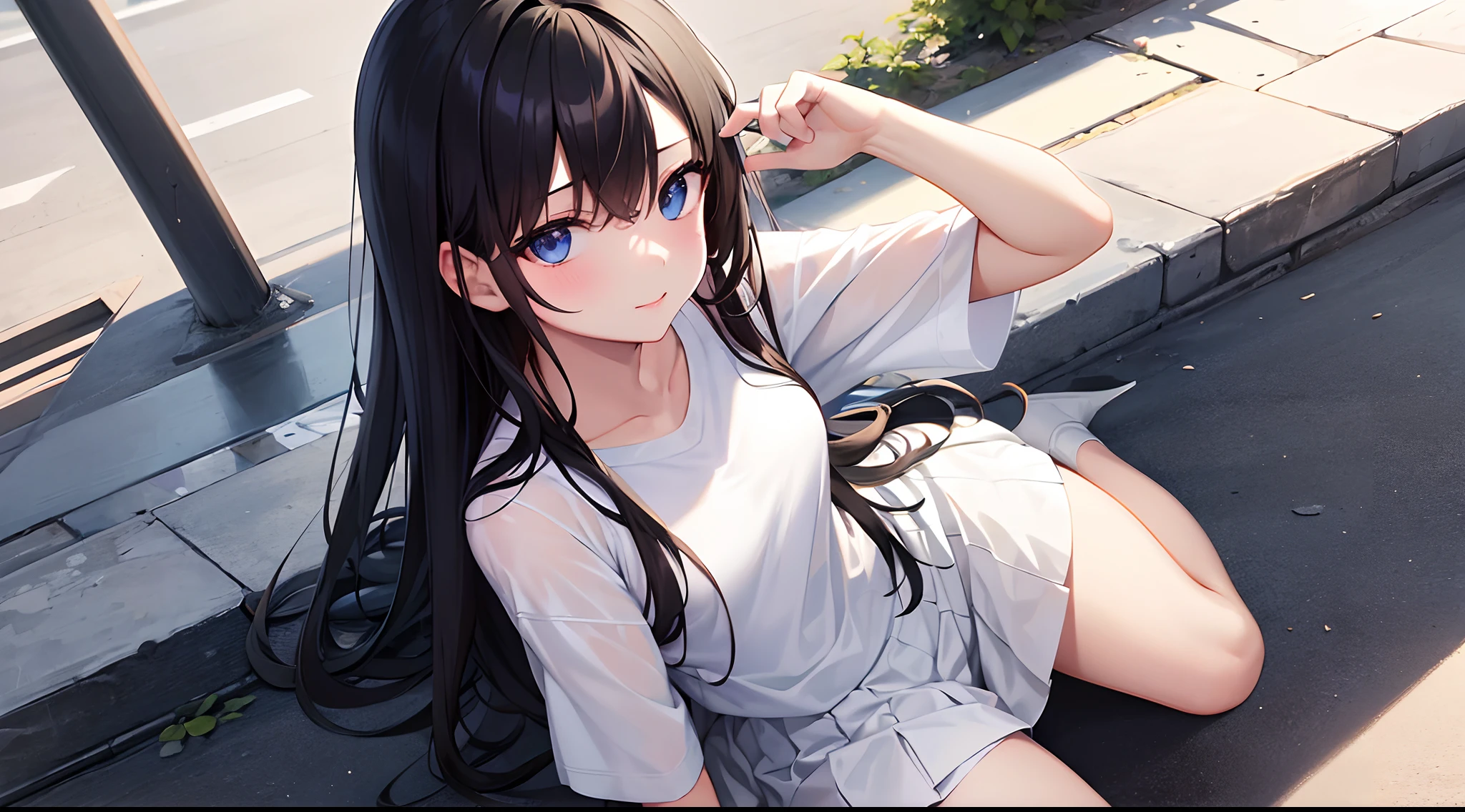 medium shot, Stroking cheek, side glance, side angle, Realistic, real person, RAW photo, photorealistic, portrait photography, shiny skin, japanese idol、(20 year old woman with black bangs) and (blunt bangs) and (straight midium hair), cleavage, (wearing a white V-neck tank top:1.5)、(sleepy:1.2), Alone、The background is the interior of the car、Sitting in the passenger seat of the car