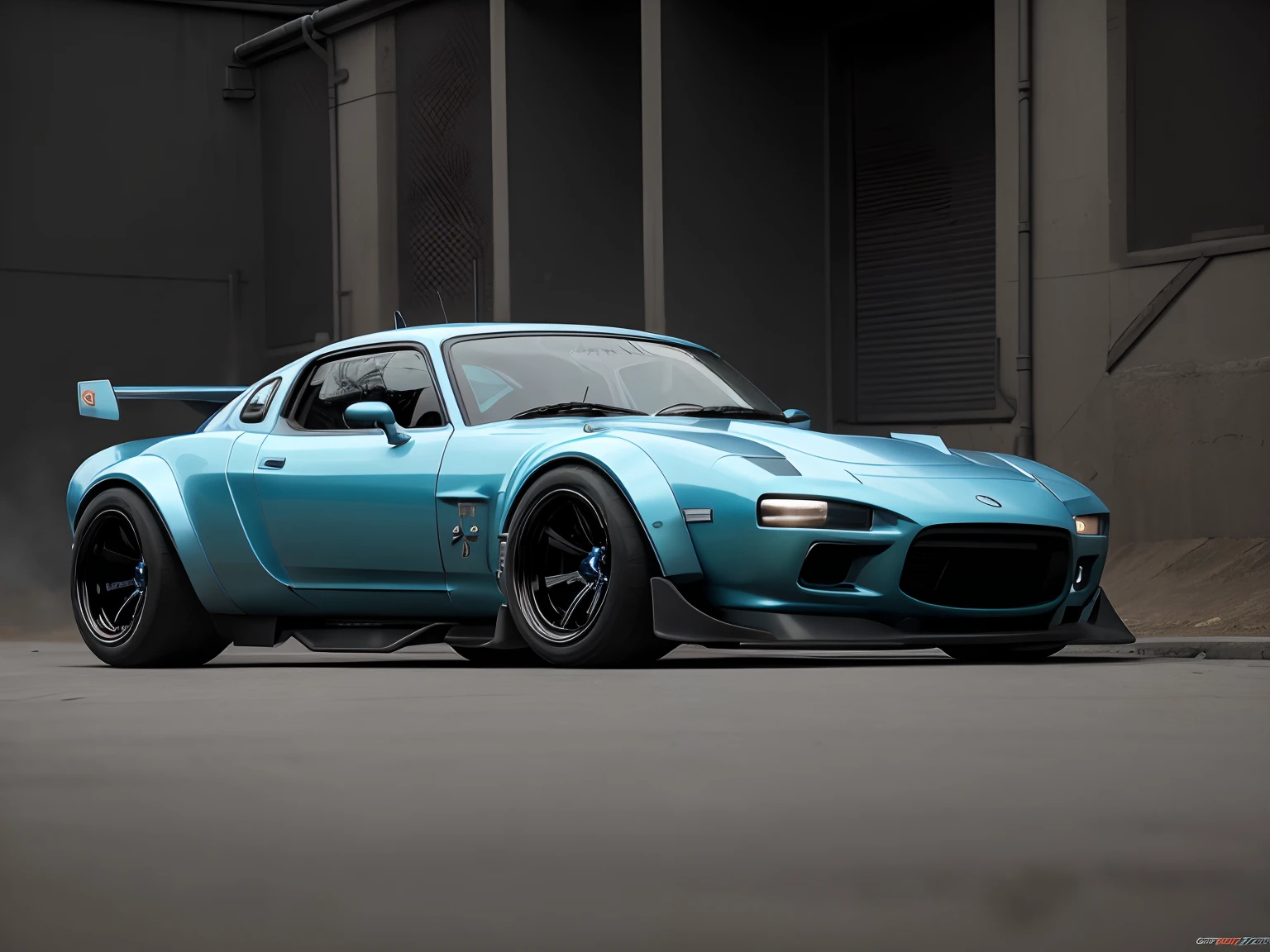 In the parking lot((Futuristic Cyberpunk Hot Rod Zeekars))(With glowing tires)3 of/4Front view、personification、MAZDA RX-7